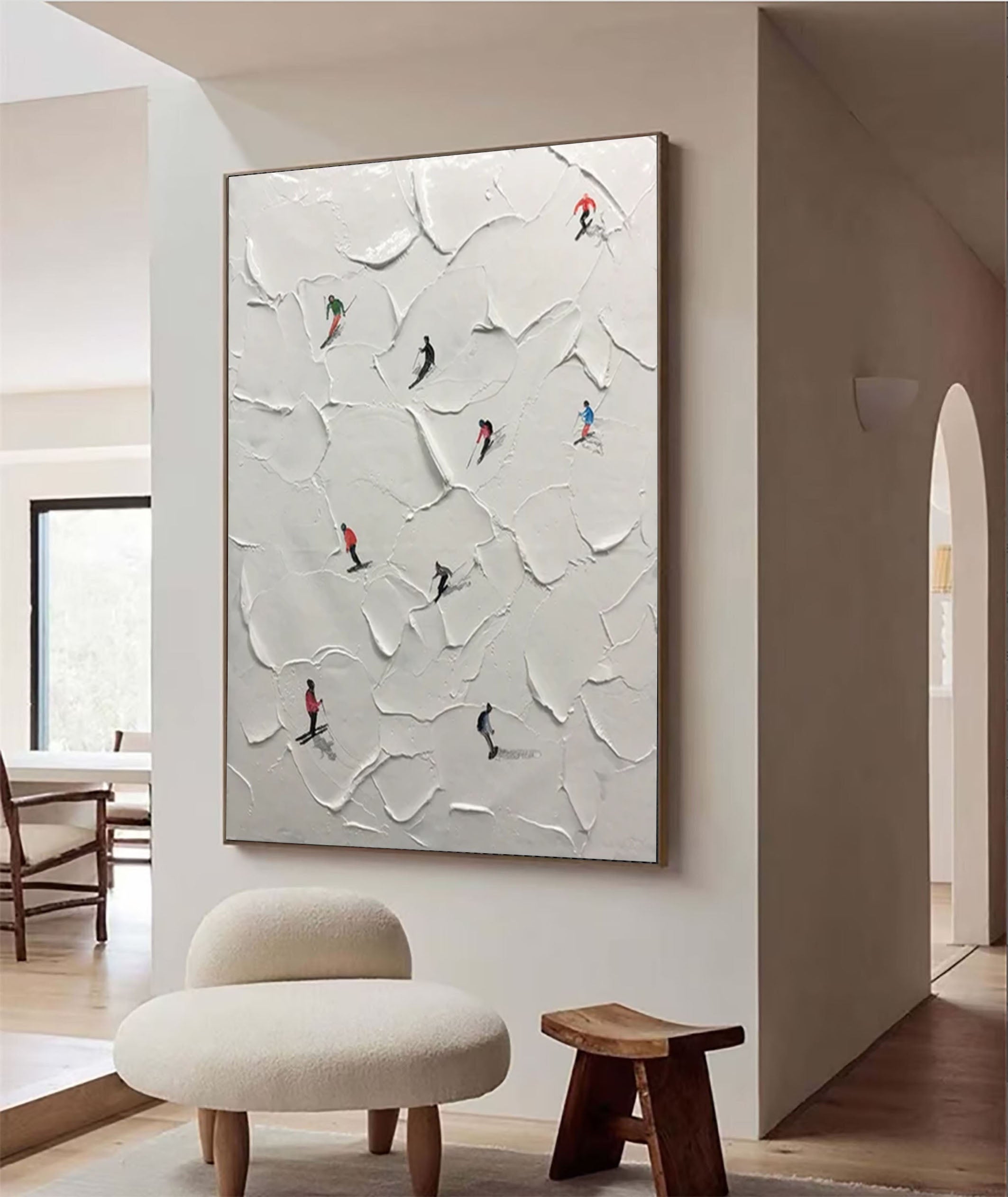 Dynamic Skiing Scene White Painting for Modern Interiors #SPA006