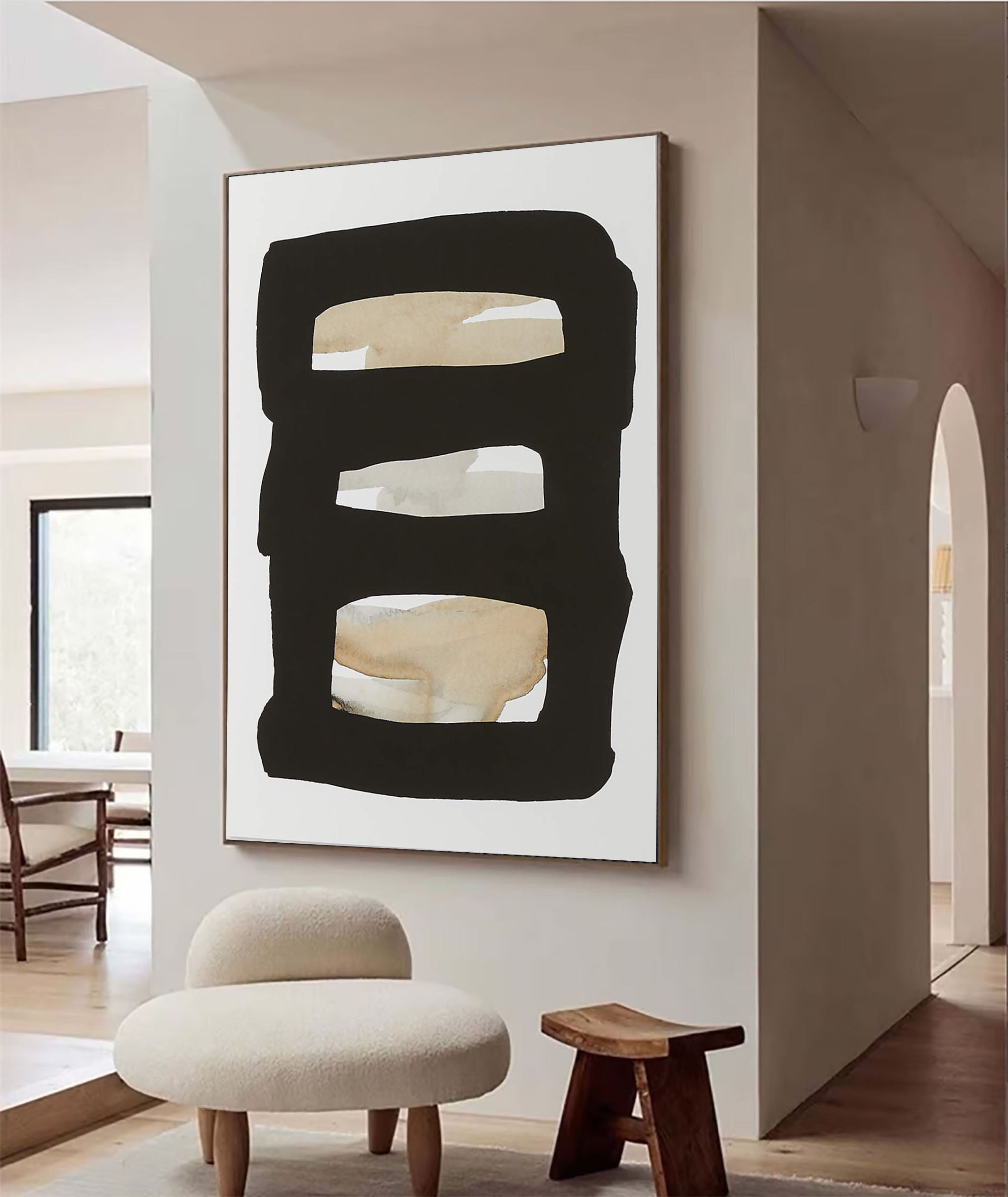 Framed Neutral Bands Abstract, Black and Beige, Minimalist Art #MM358