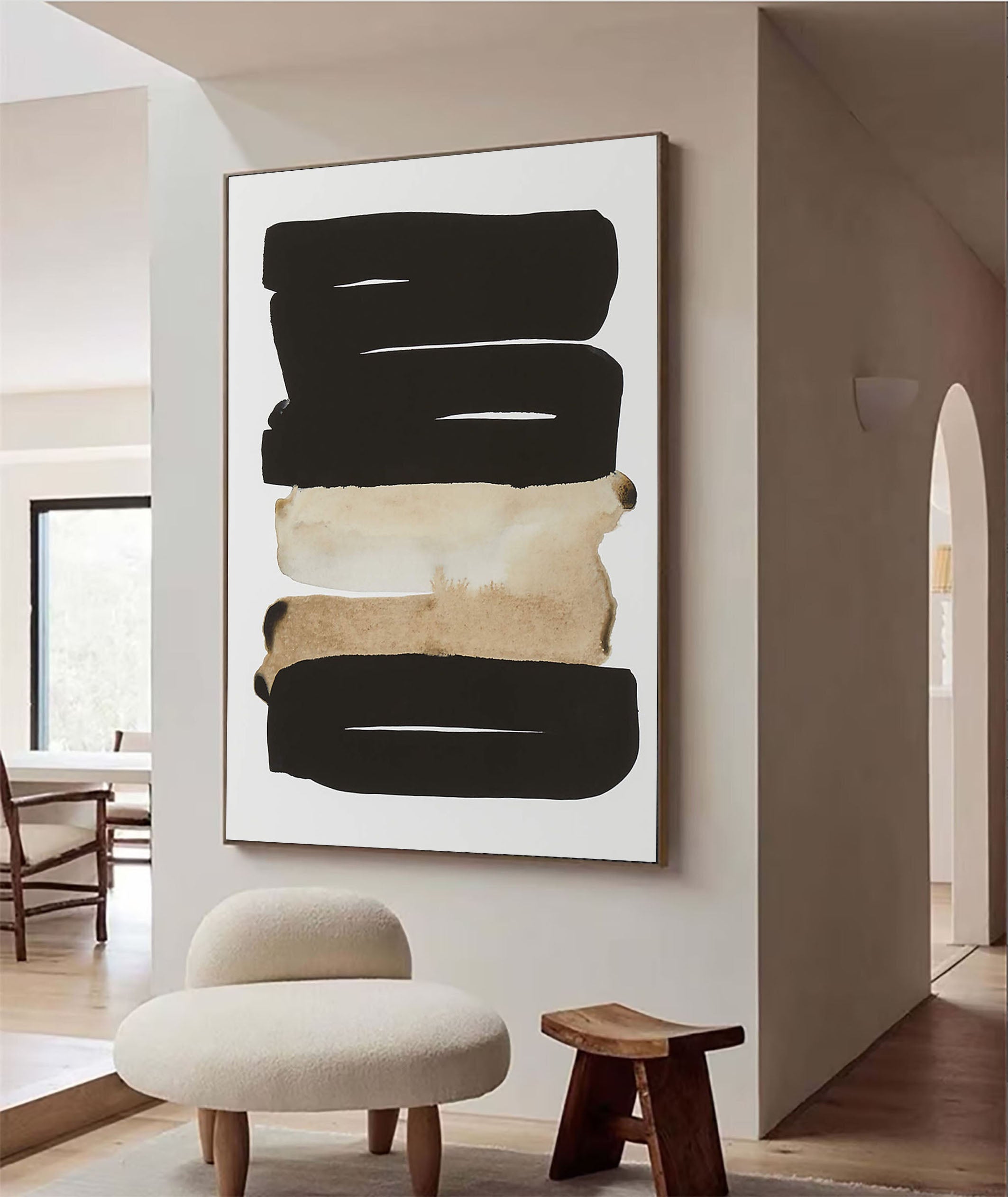 Graphic Abstract Painting, Black and Beige, Contemporary Design #MM354