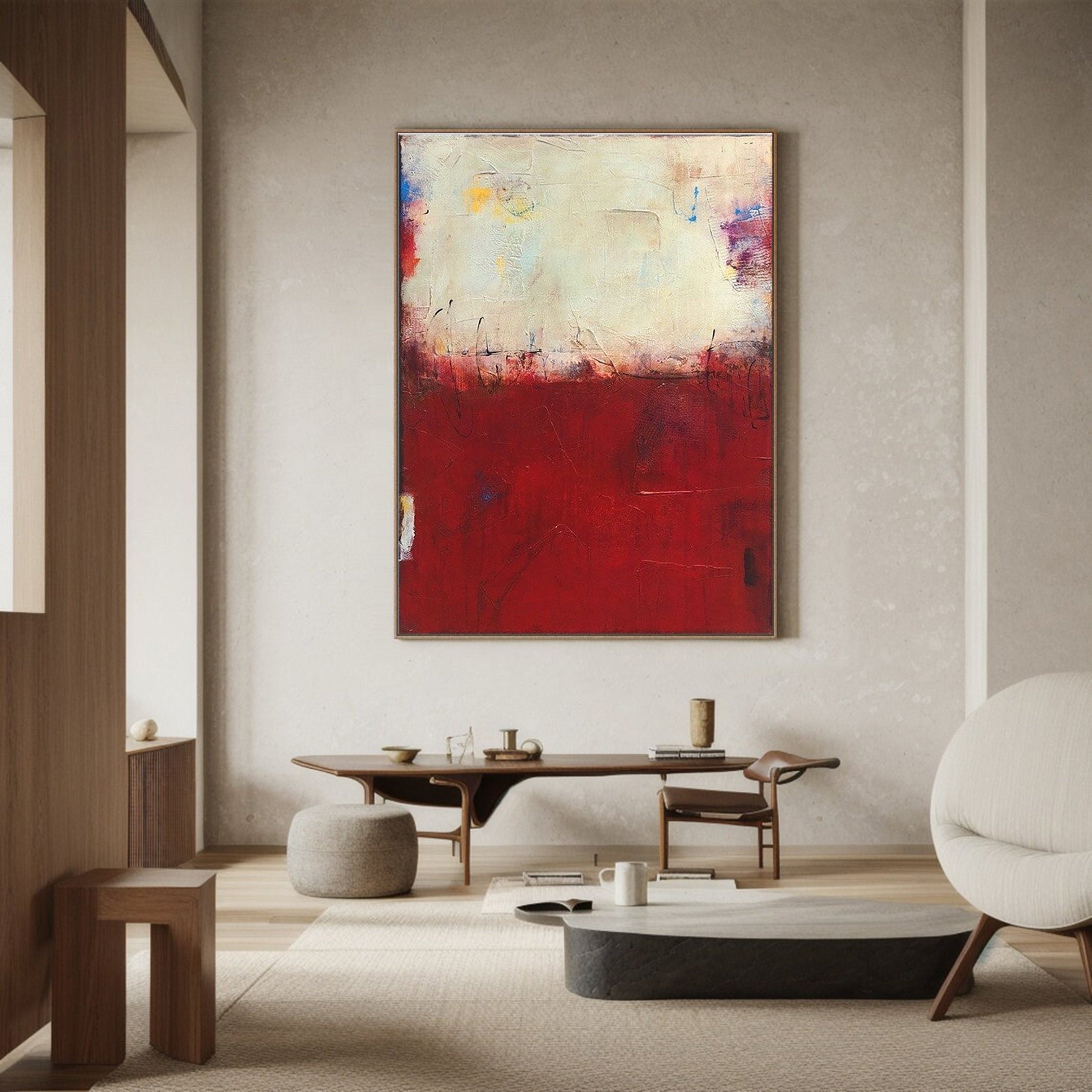 Large Red and Cream Canvas Abstract Wall Art #MM033