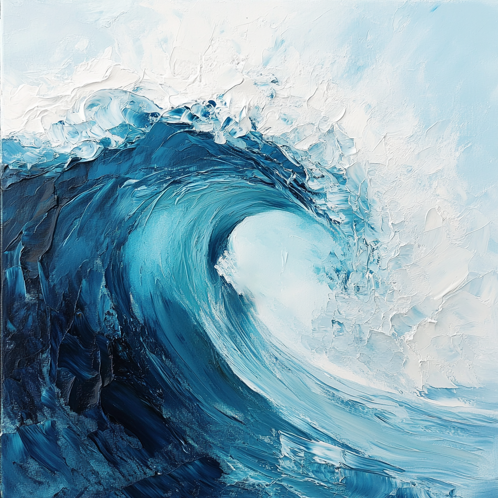 Azure Fury: Impasto Ocean Wave Painting, Energetic Seascape #MM510