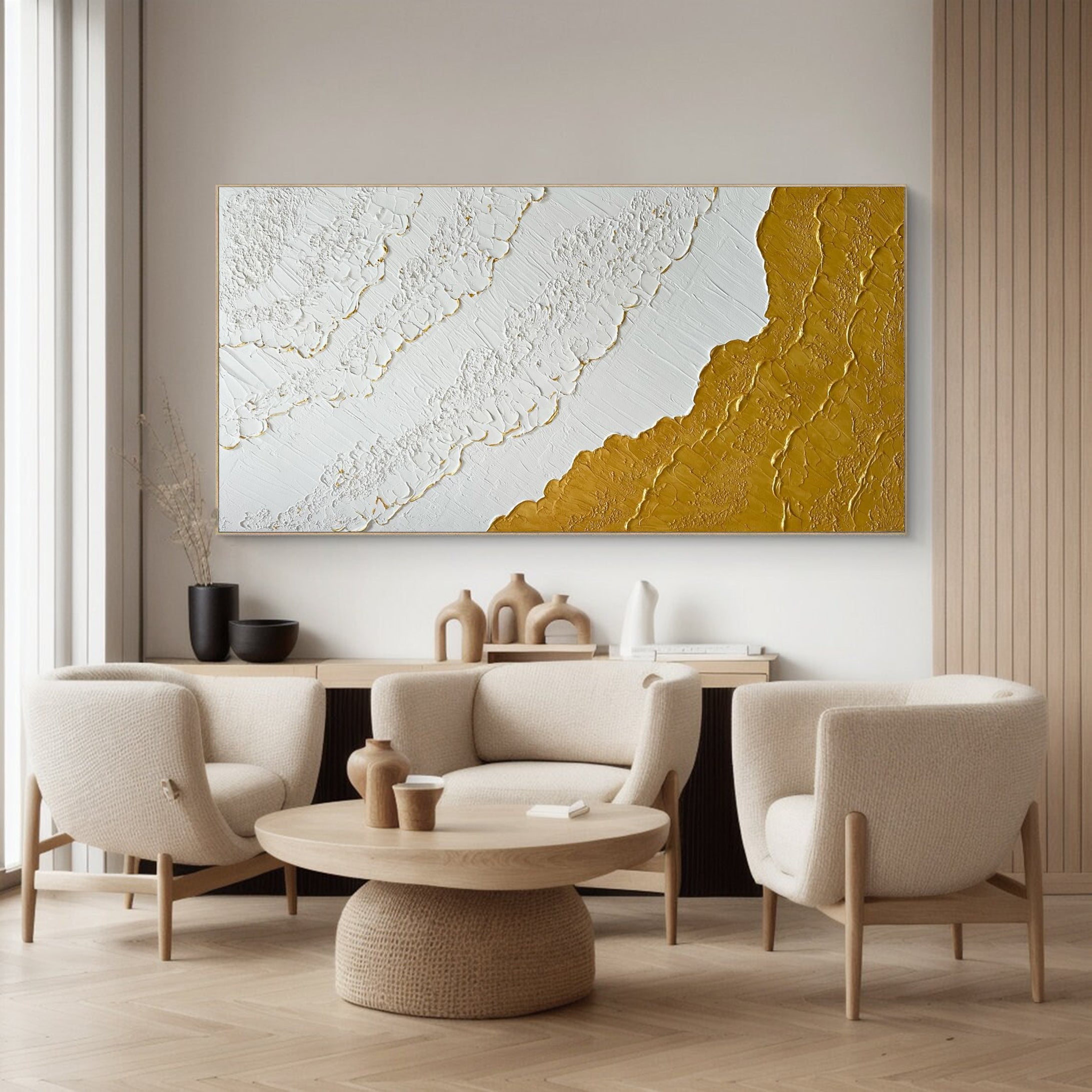 Modern Textured Wall Art Gold Highlights on White Canvas #MM038