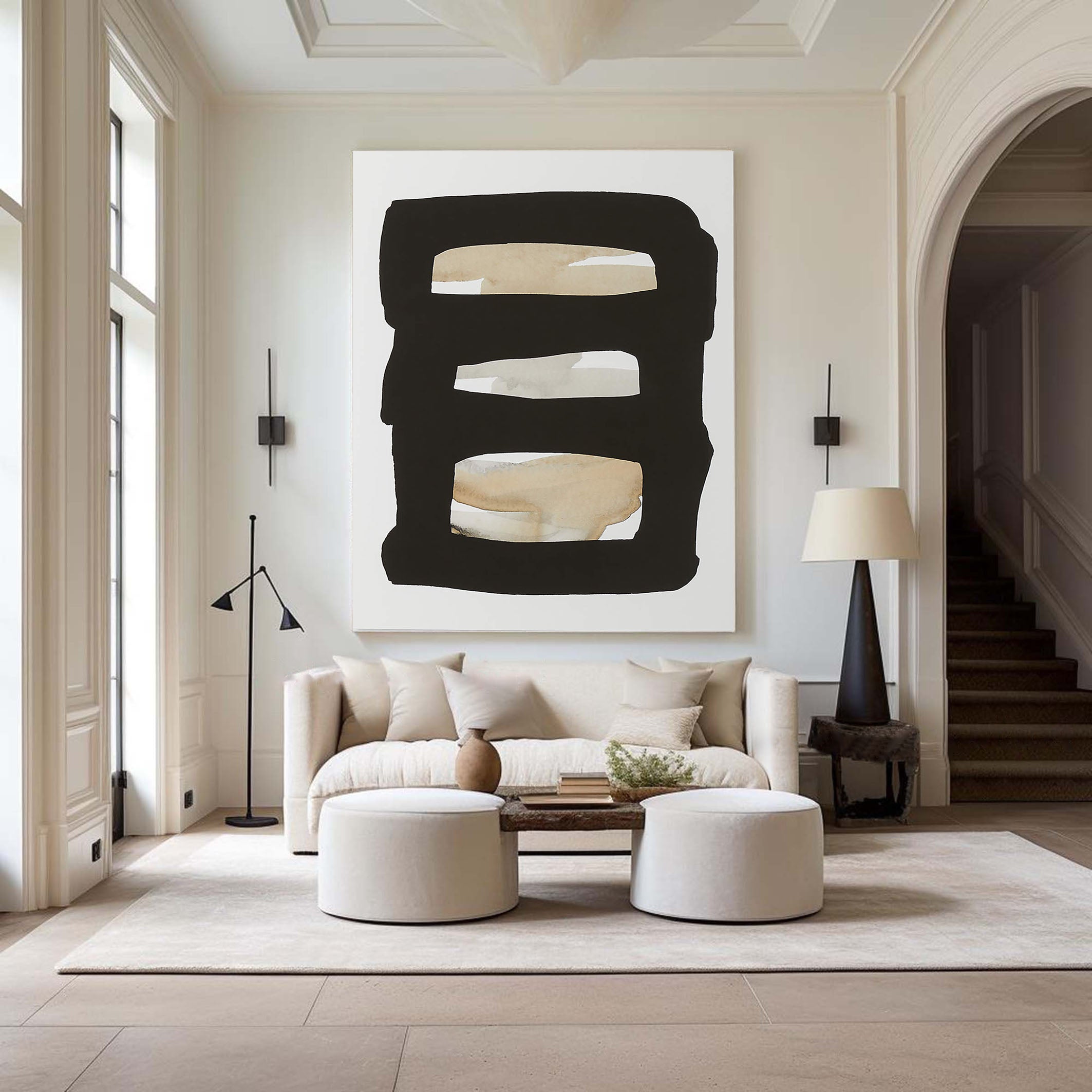 Framed Neutral Bands Abstract, Black and Beige, Minimalist Art #MM358