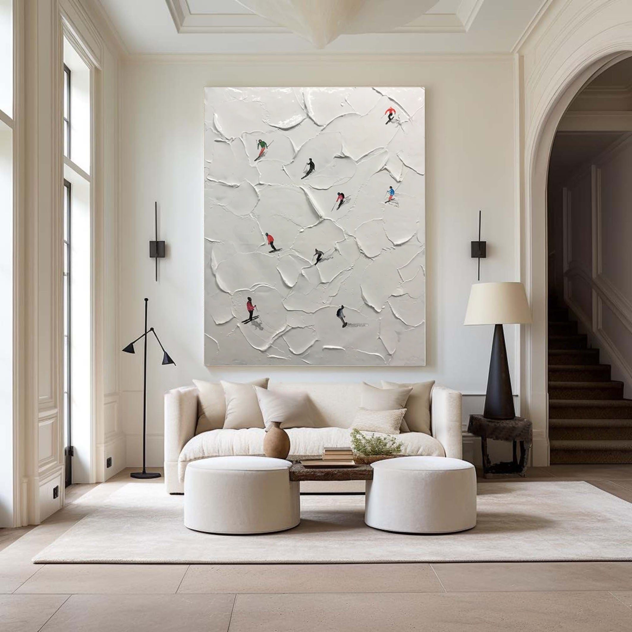 Dynamic Skiing Scene White Painting for Modern Interiors #SPA006