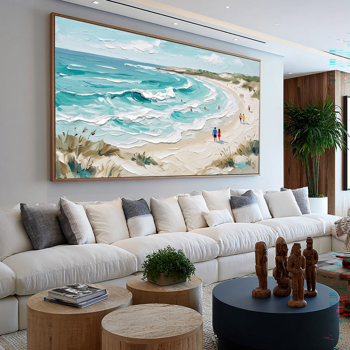 Textured Seaside Landscape Painting Sandy Beach Blue Ocean Waves