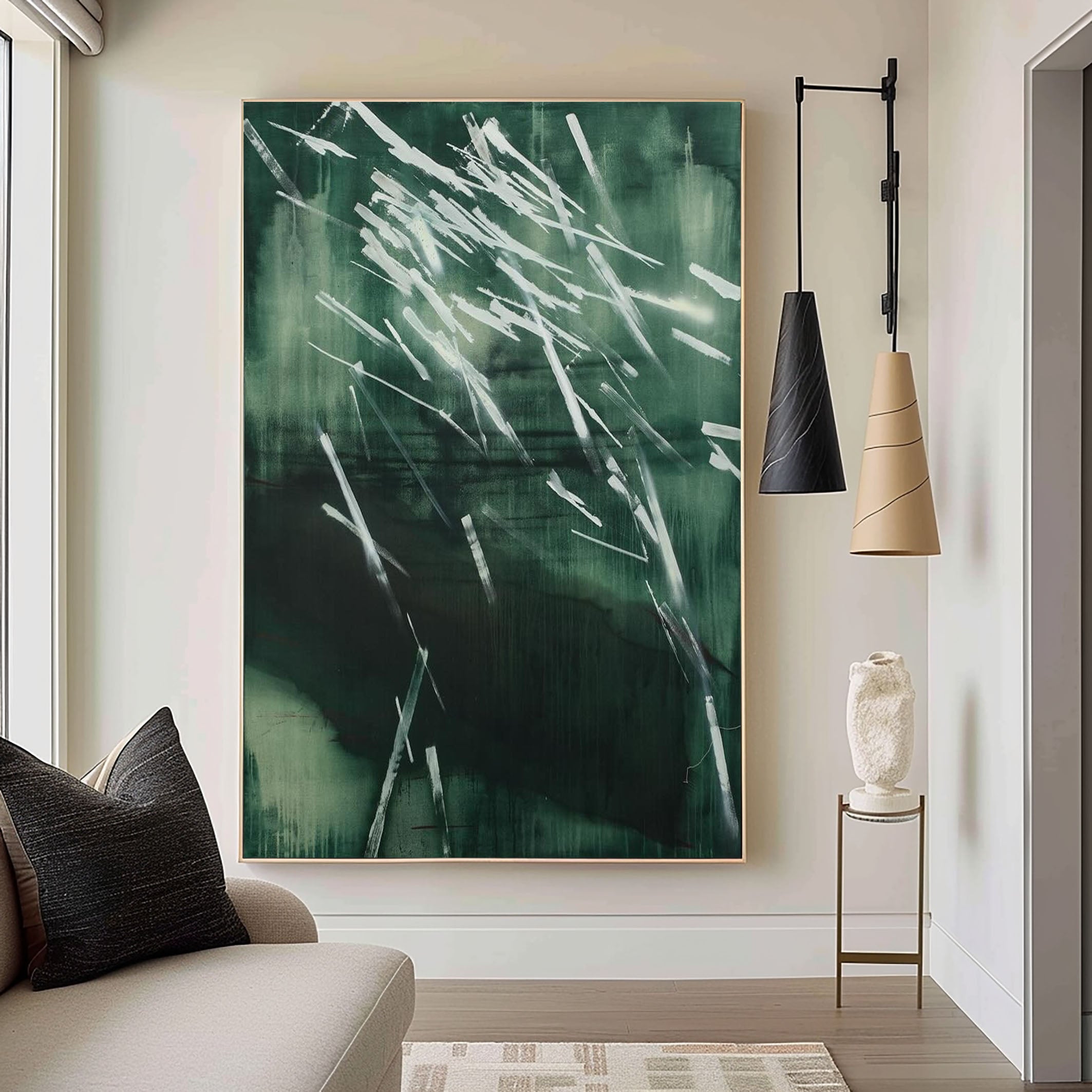 Abstract Nature Wall Art in Deep Green Dynamic Brush Strokes #AB022