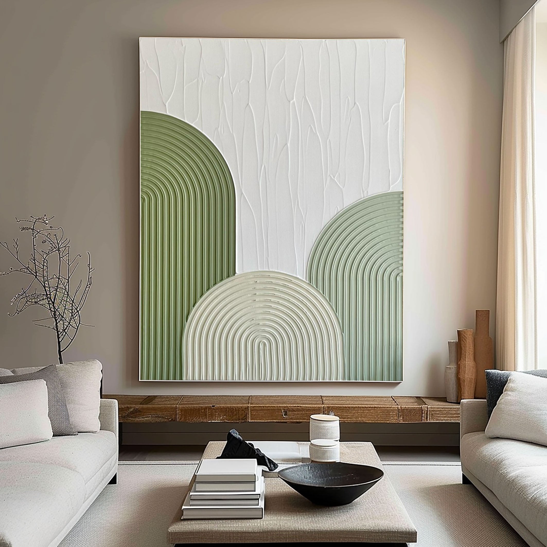 Modern Green Wall Art, featuring nature-inspired curves. 