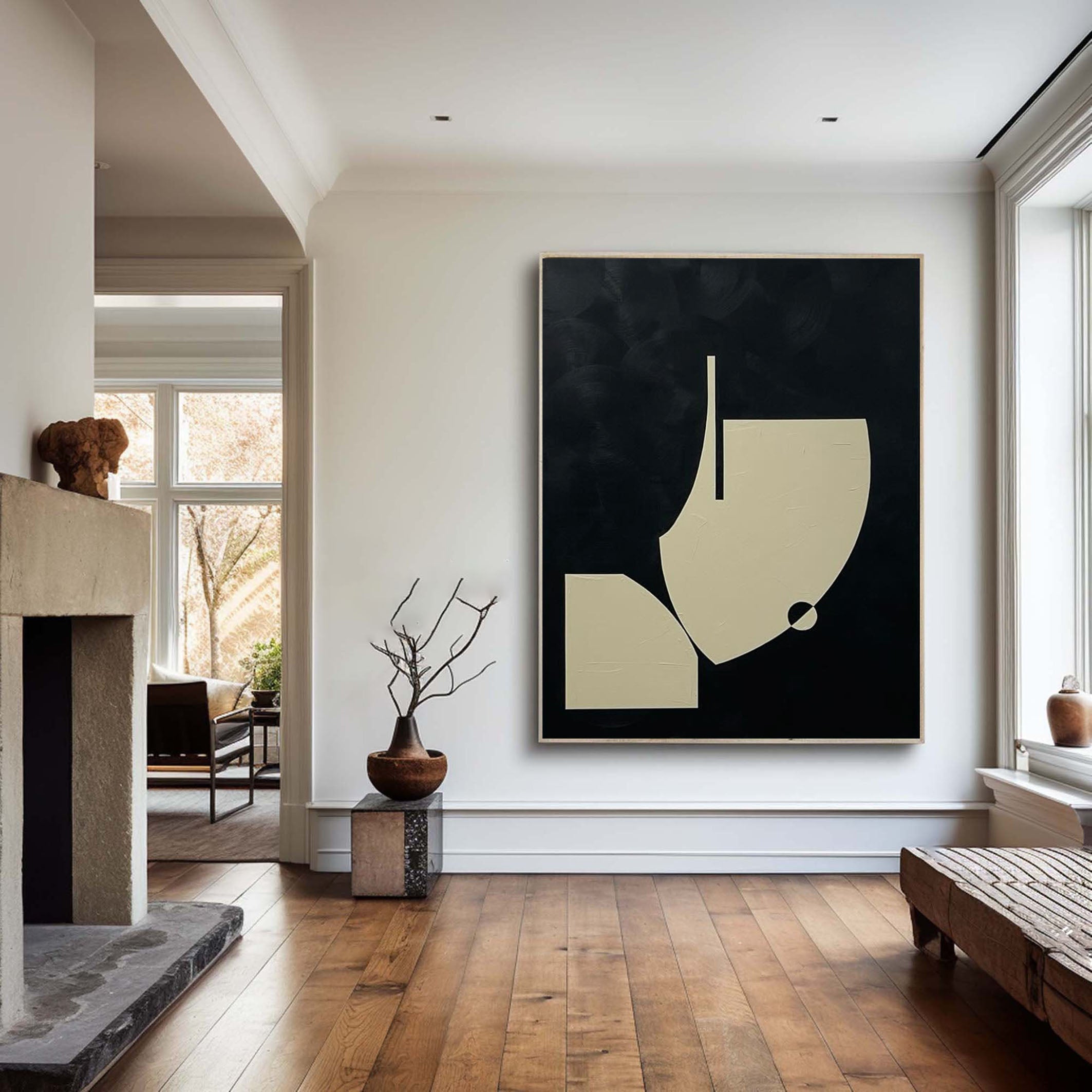 Minimalist Abstract Geometric Painting Chic Black and Beige Design #MM057