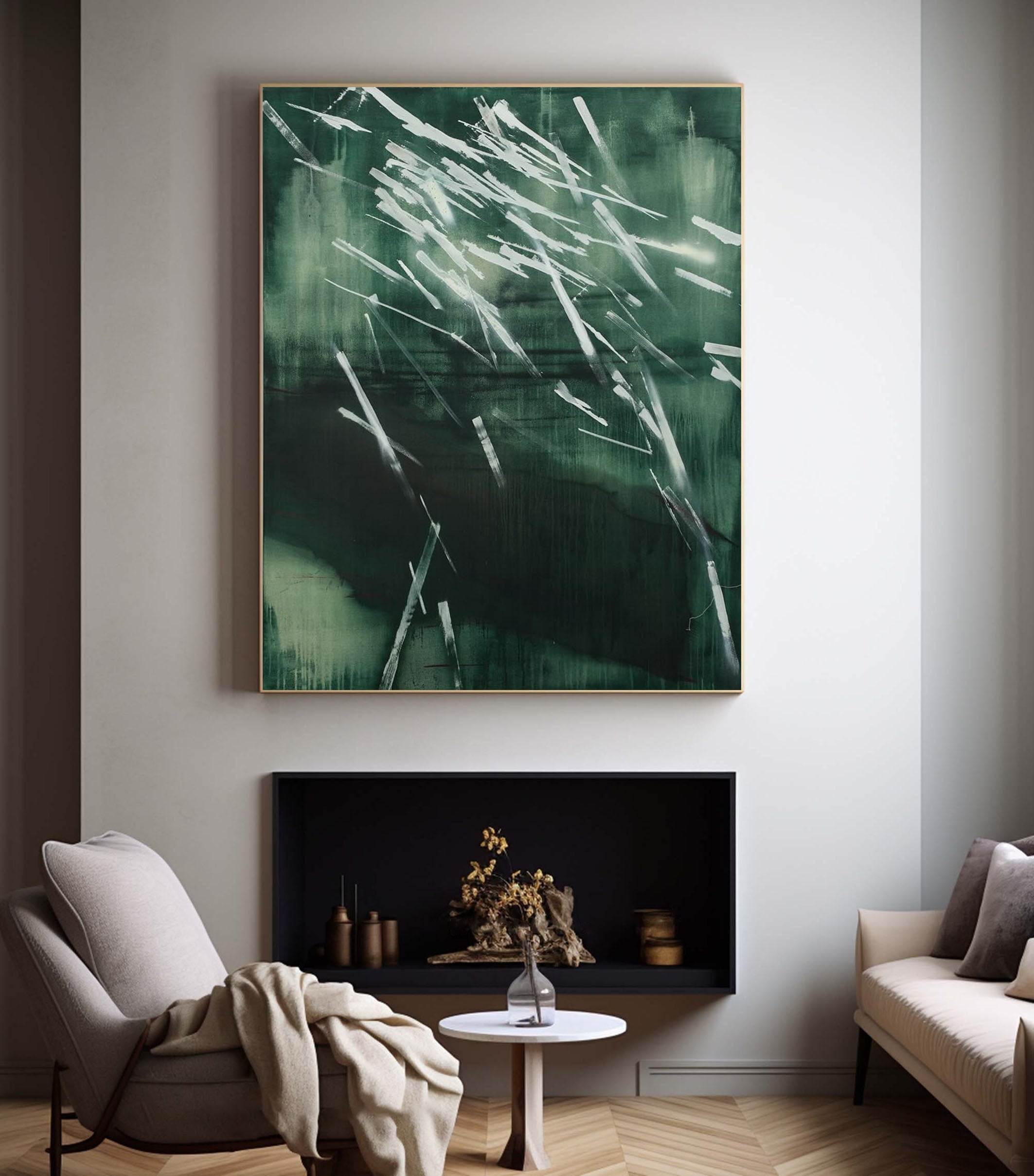 Abstract Nature Wall Art in Deep Green Dynamic Brush Strokes #AB022