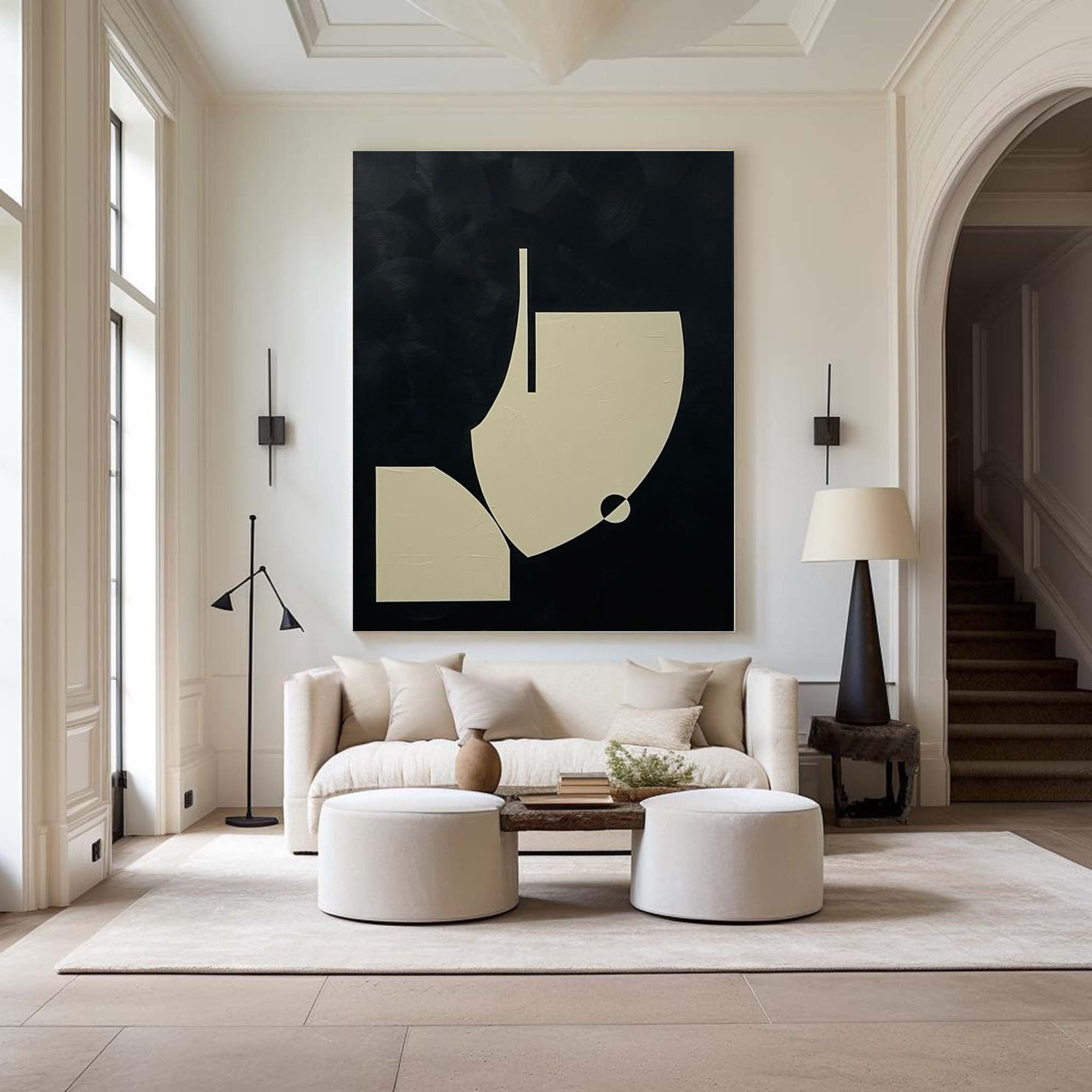 Minimalist Abstract Geometric Painting Chic Black and Beige Design #MM057