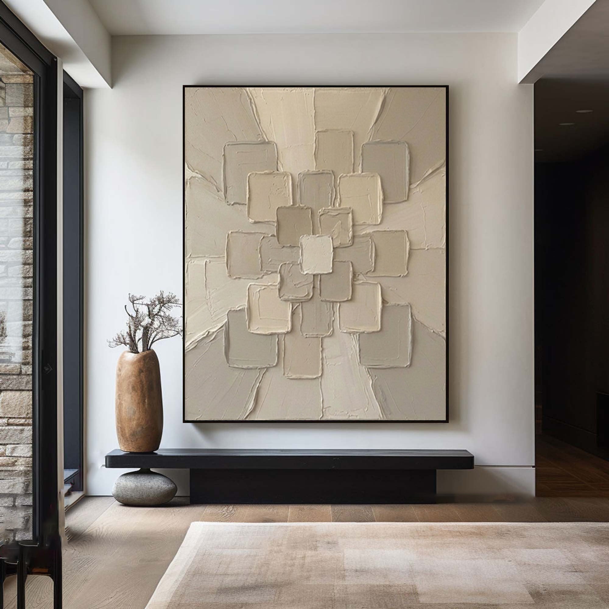 Large Modern Neutral Textured Canvas Art Geometric Wall Decor