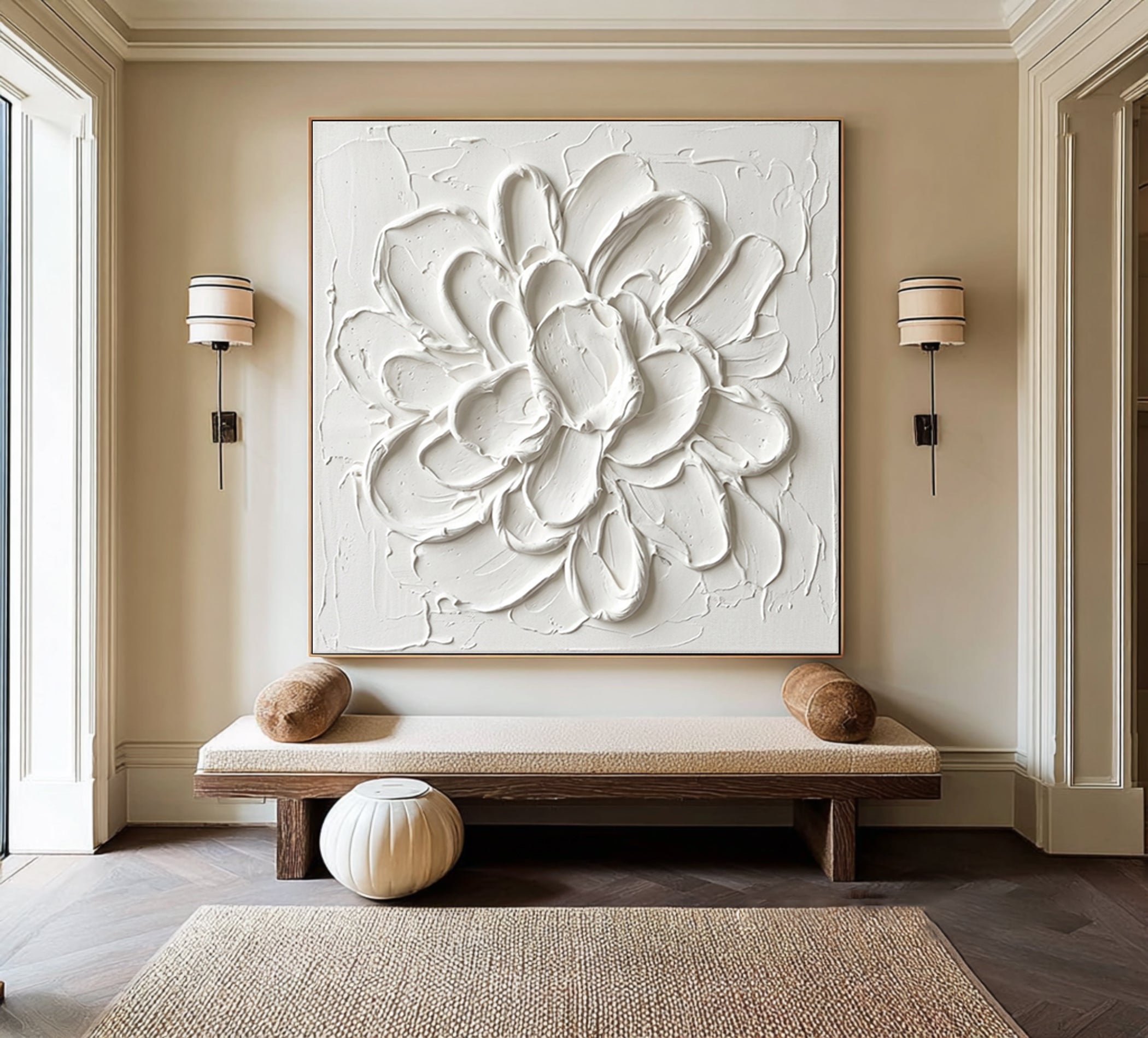 Large White Petal Textured Canvas Art Modern Floral Wall Decor