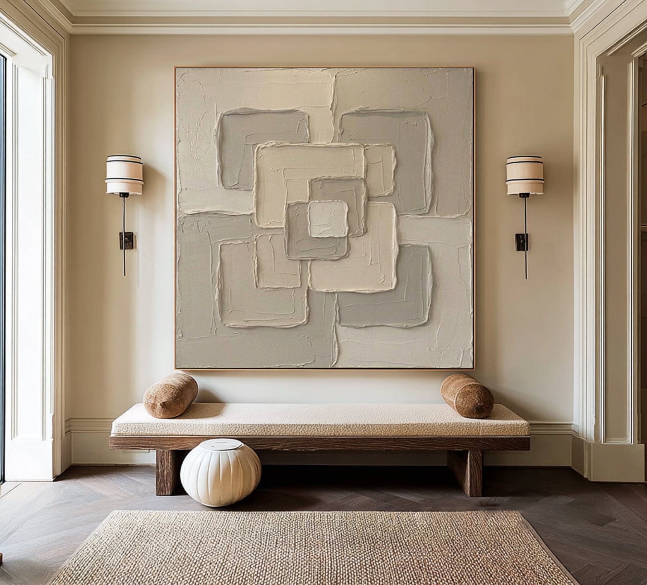 Large Geometric Framework Wall Art Contemporary Neutral Textured Canvas Painting