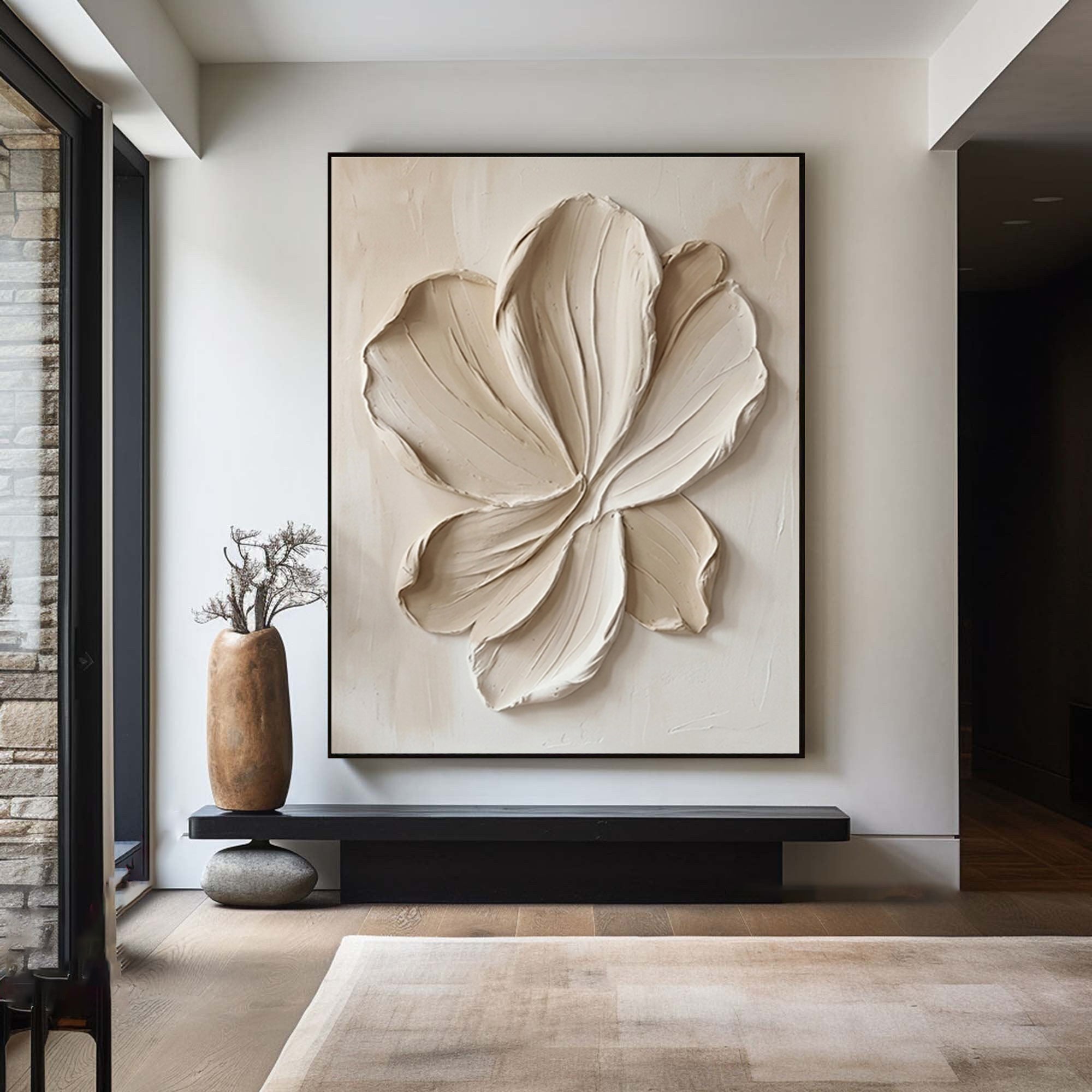 Large Sculptural Botanical Canvas Art White Textured Wall Decor