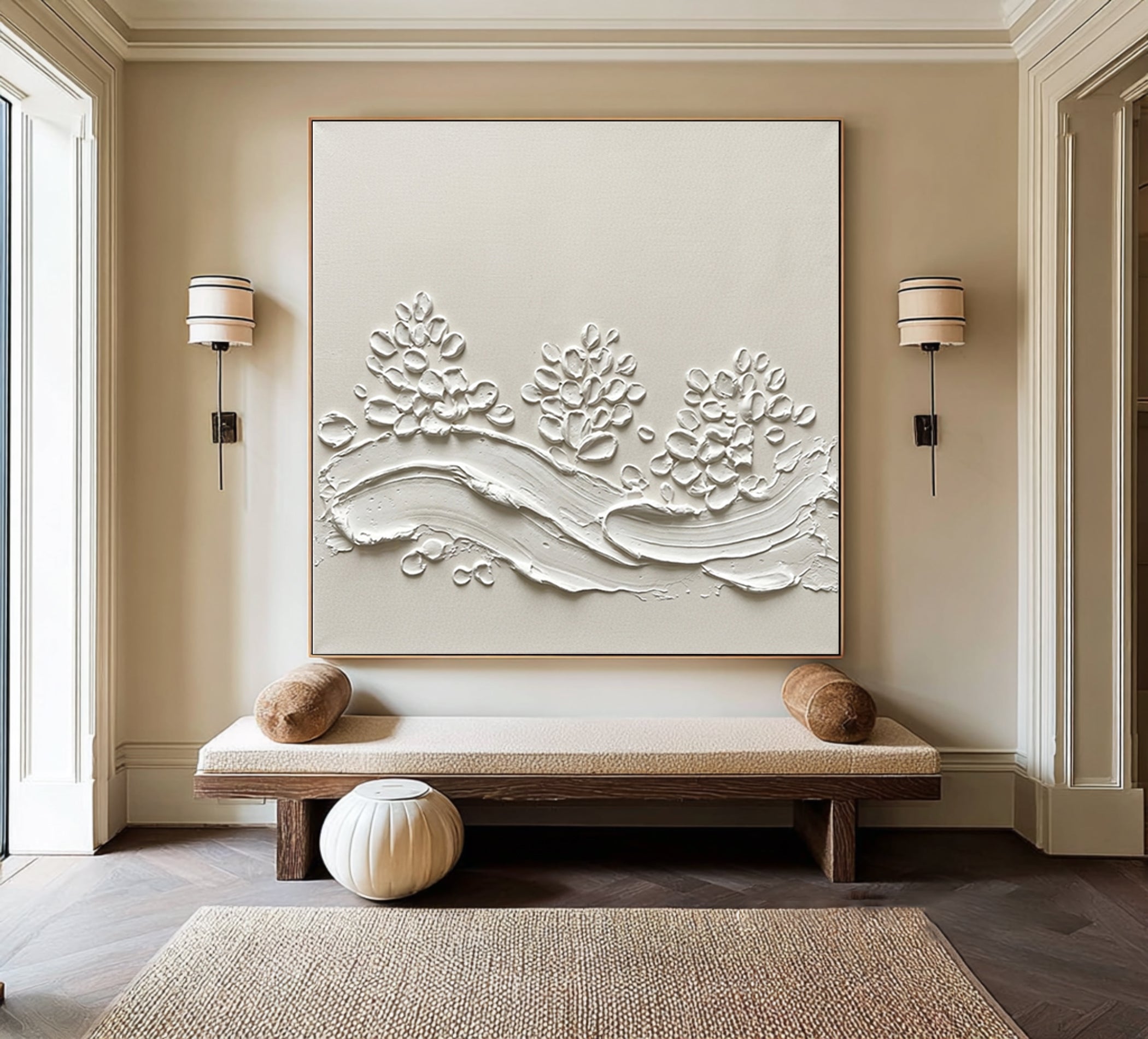 Luxury Floral Relief Wall Art Large Neutral Textured Canvas Painting