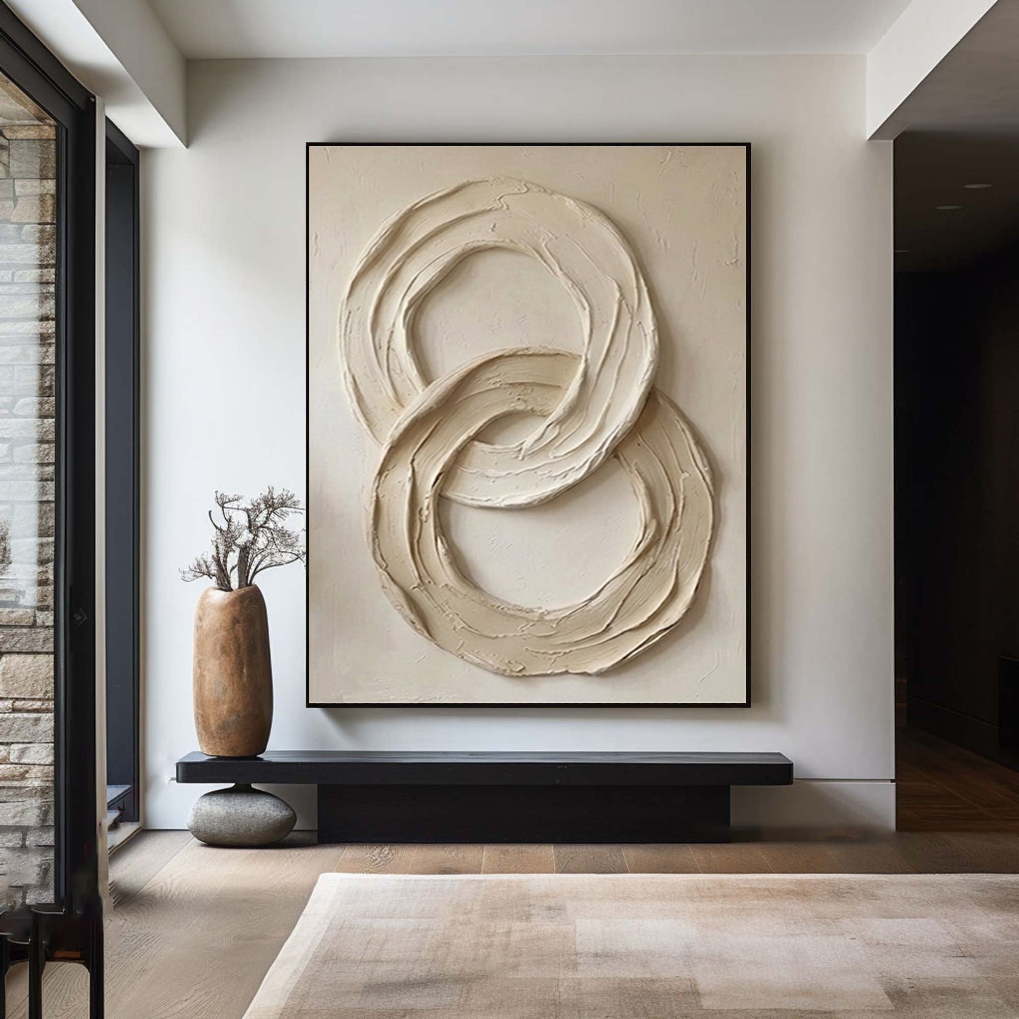 Large Neutral Relief Painting with Organic Circular Brush Texture