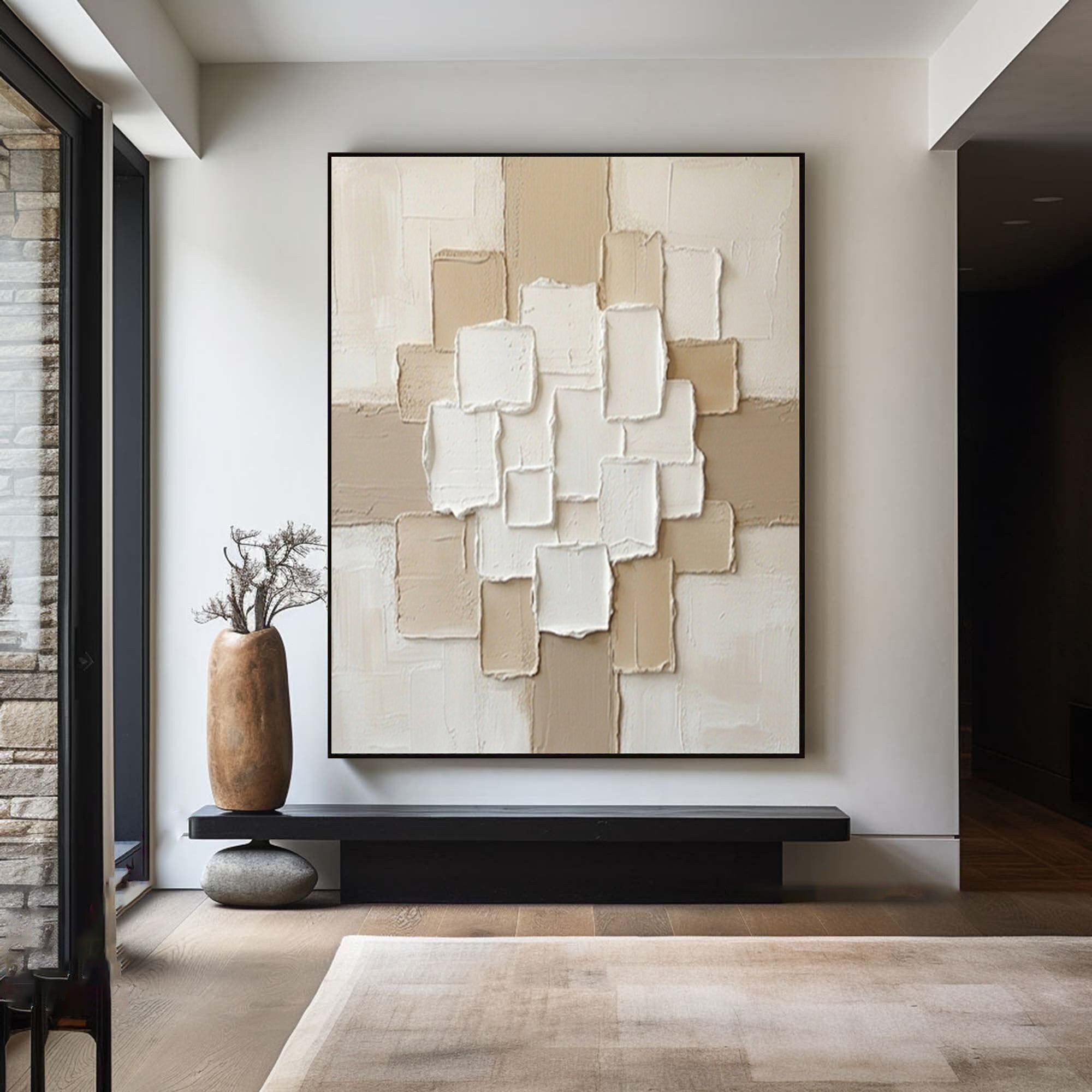 Large Luxury Neutral Textured Canvas Art Beige Geometric Wall Decor