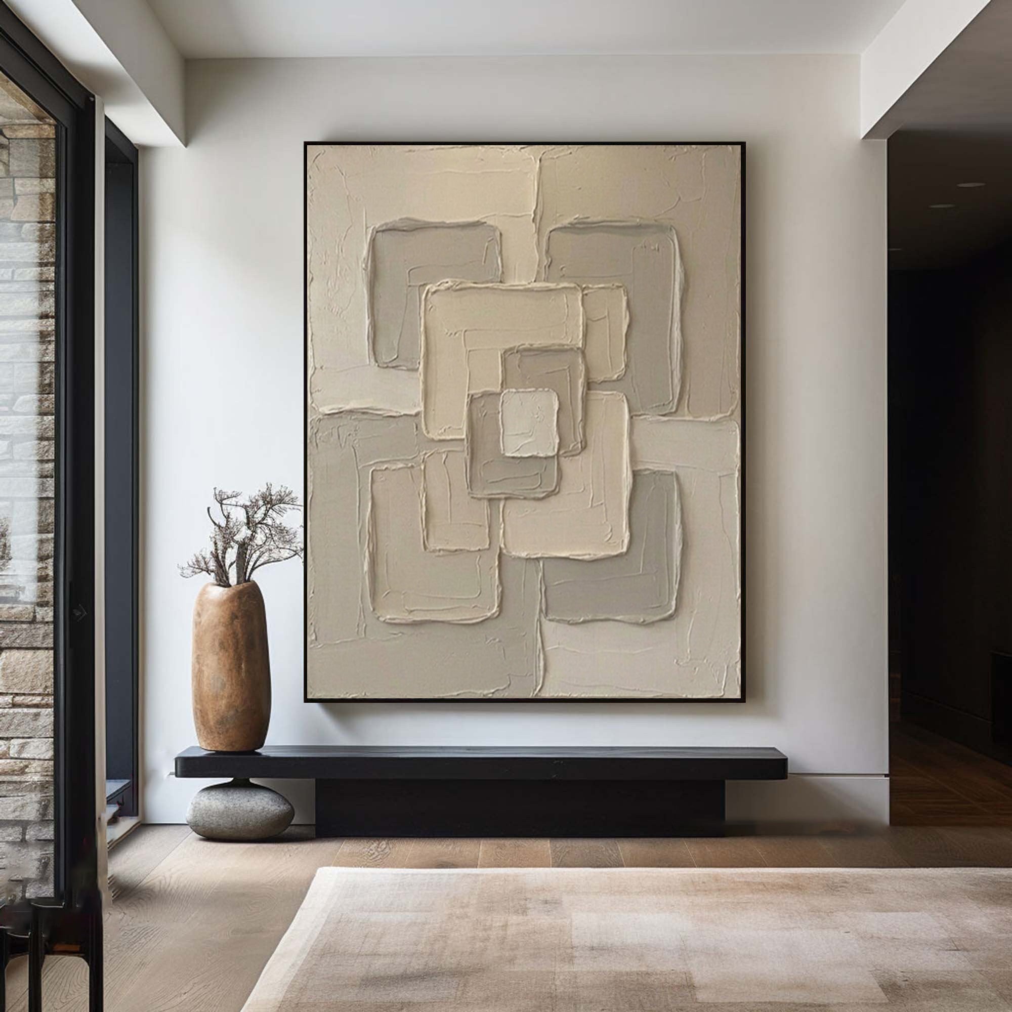 Large Beige Relief Canvas Art Contemporary Geometric Wall Decor