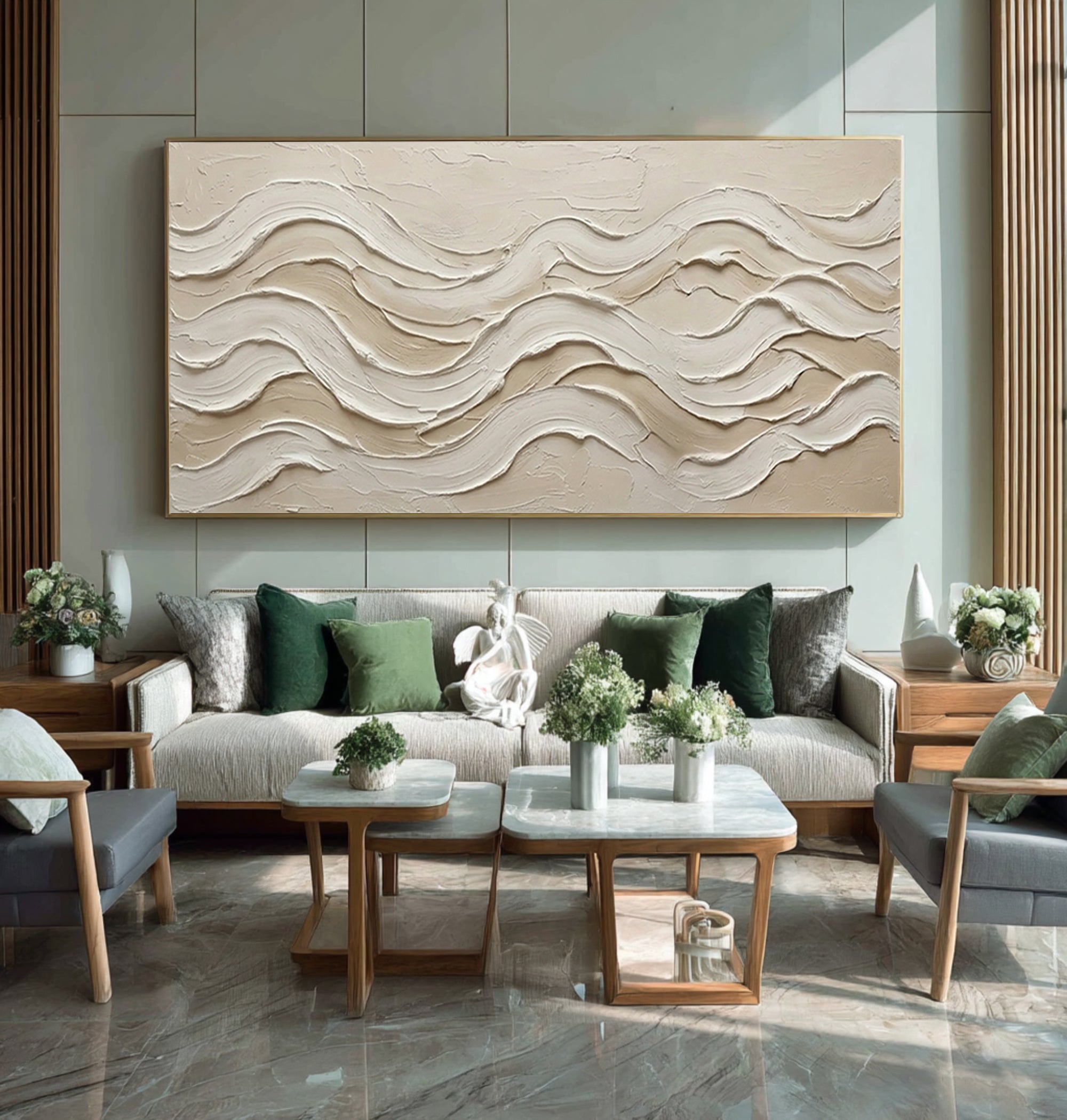 Modern Coastal Abstract Painting Textured Beige Wall Decor