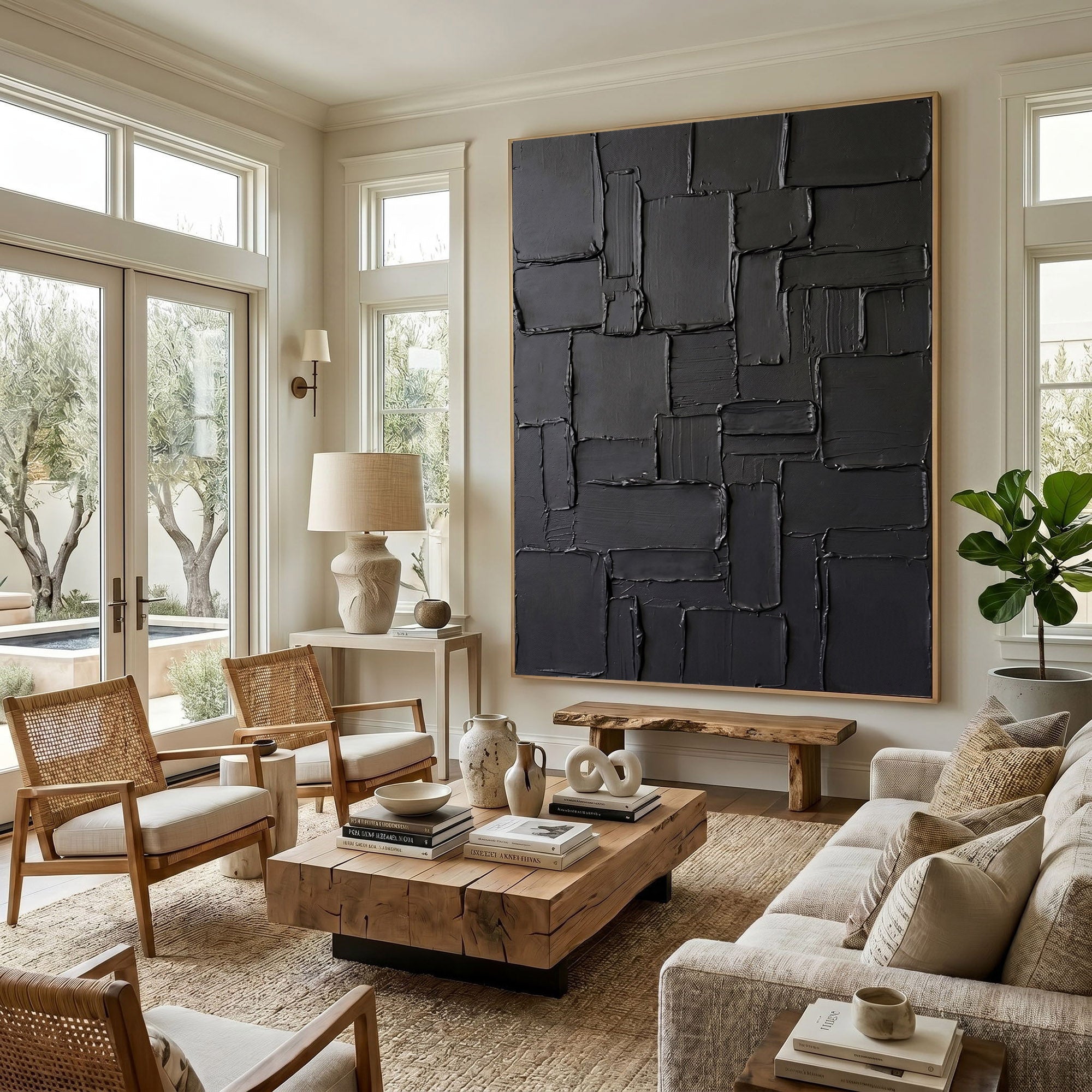 Modern Black Abstract Wall Art Textured 3D Relief Canvas Painting Architectural Minimalist Decor