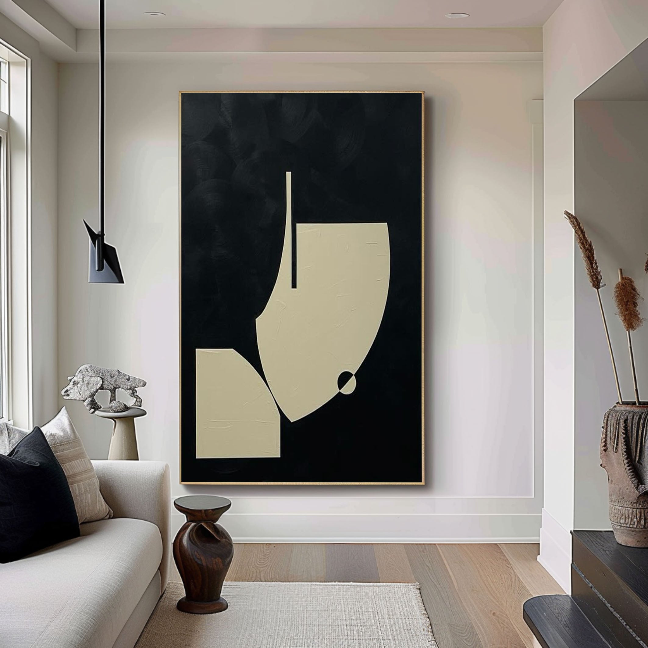 Minimalist Abstract Geometric Painting Chic Black and Beige Design #MM057