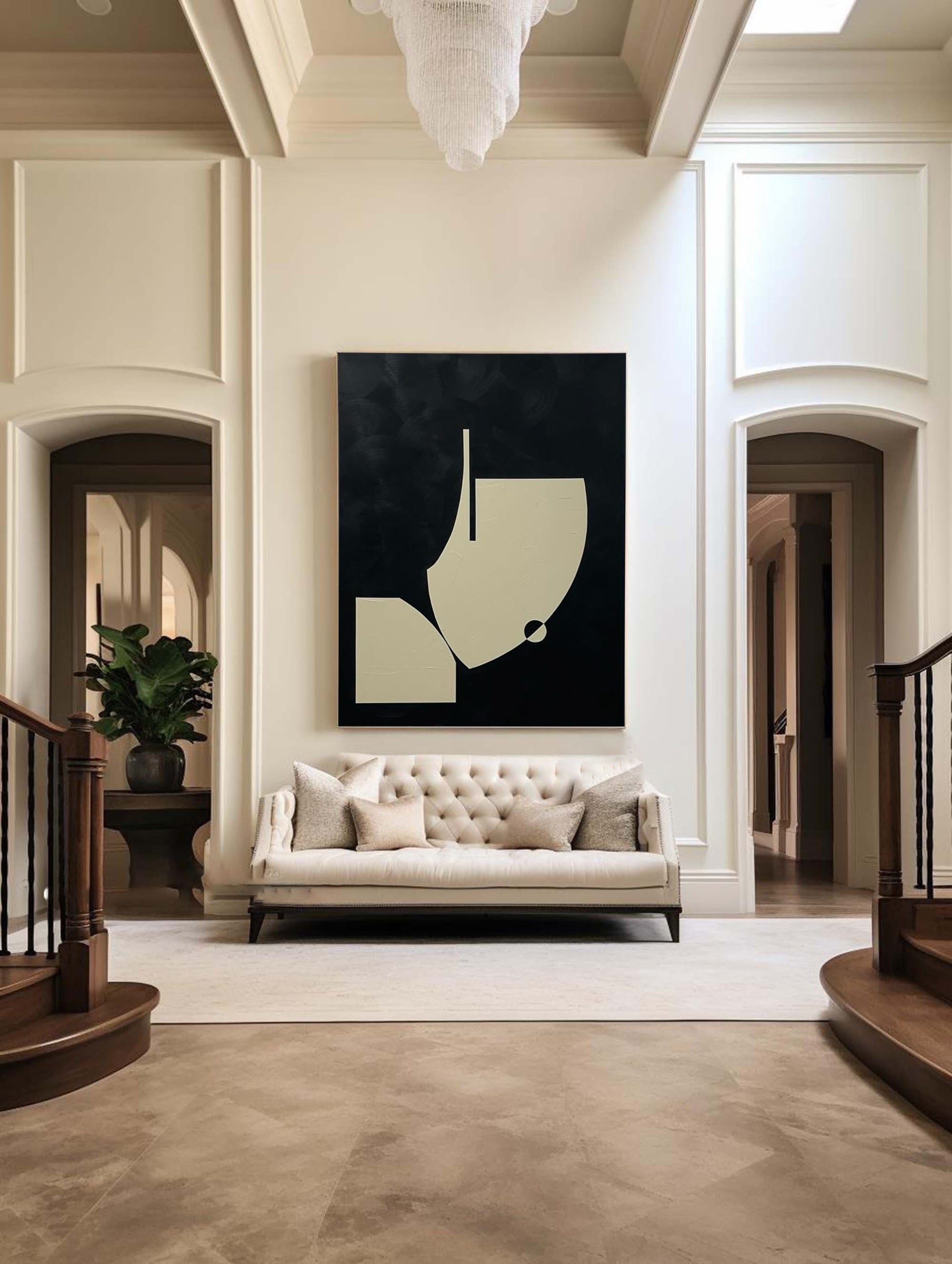 Minimalist Abstract Geometric Painting Chic Black and Beige Design #MM057