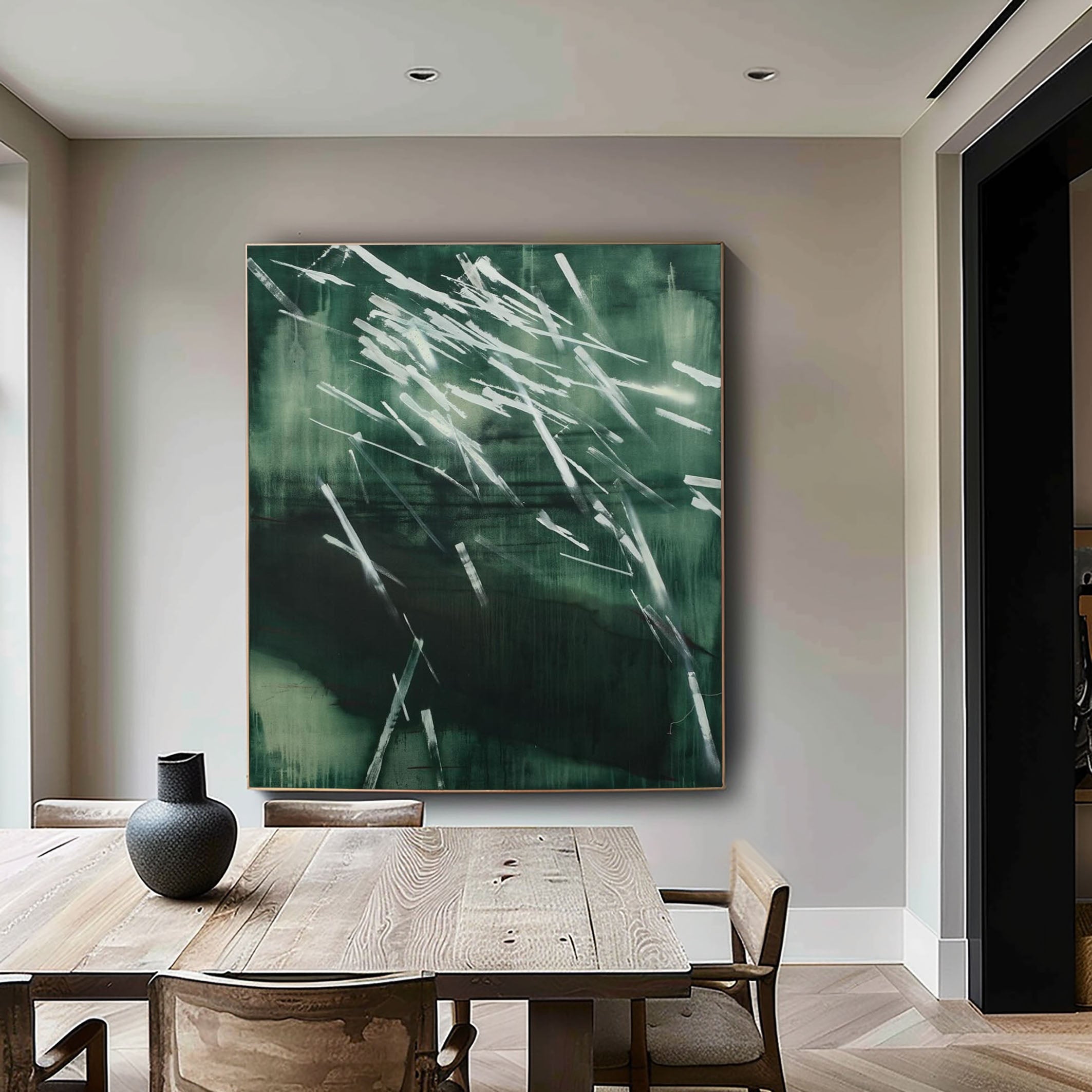 Abstract Nature Wall Art in Deep Green Dynamic Brush Strokes #AB022