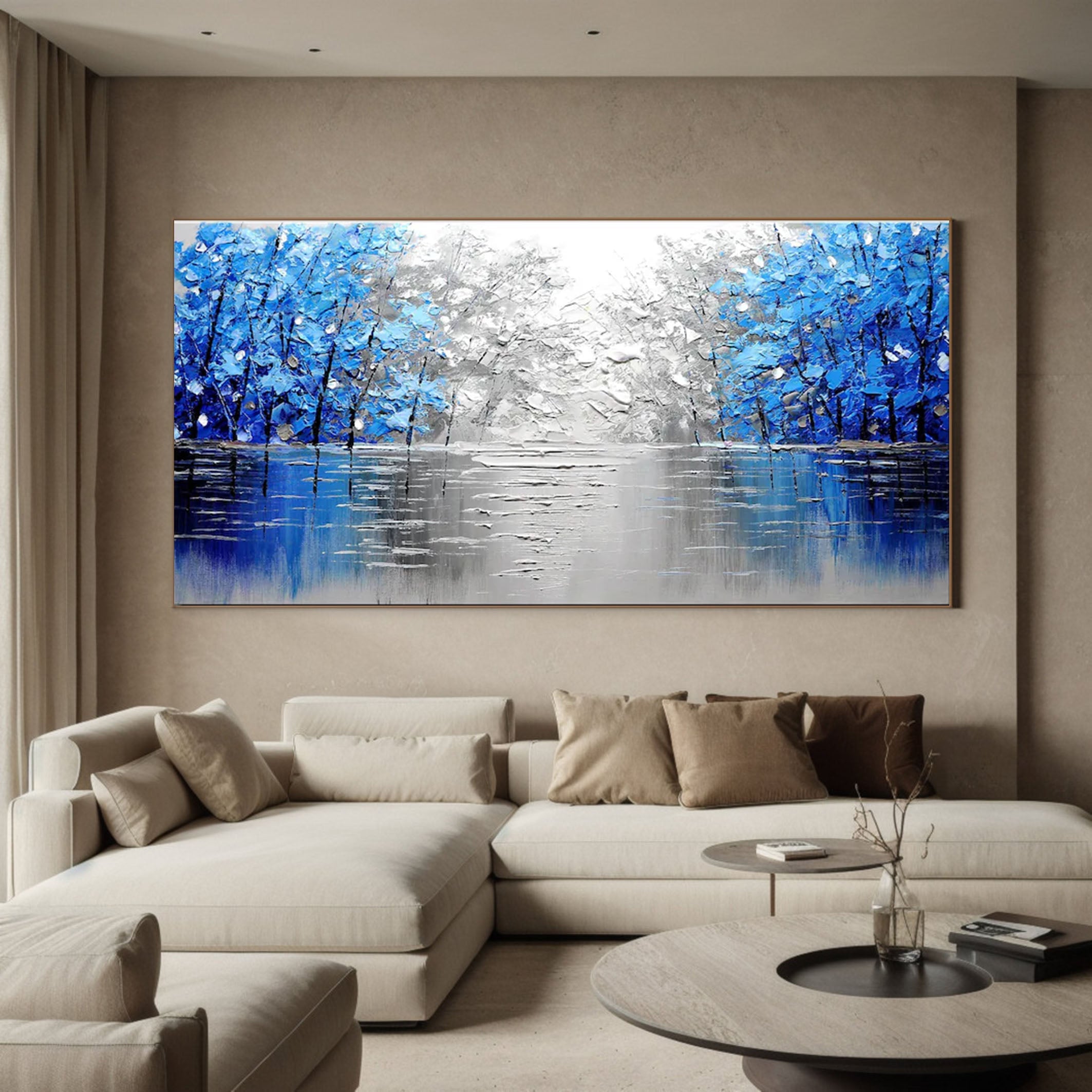 Mystical Blue and Silver Forest Painting for Modern Homes #TP045