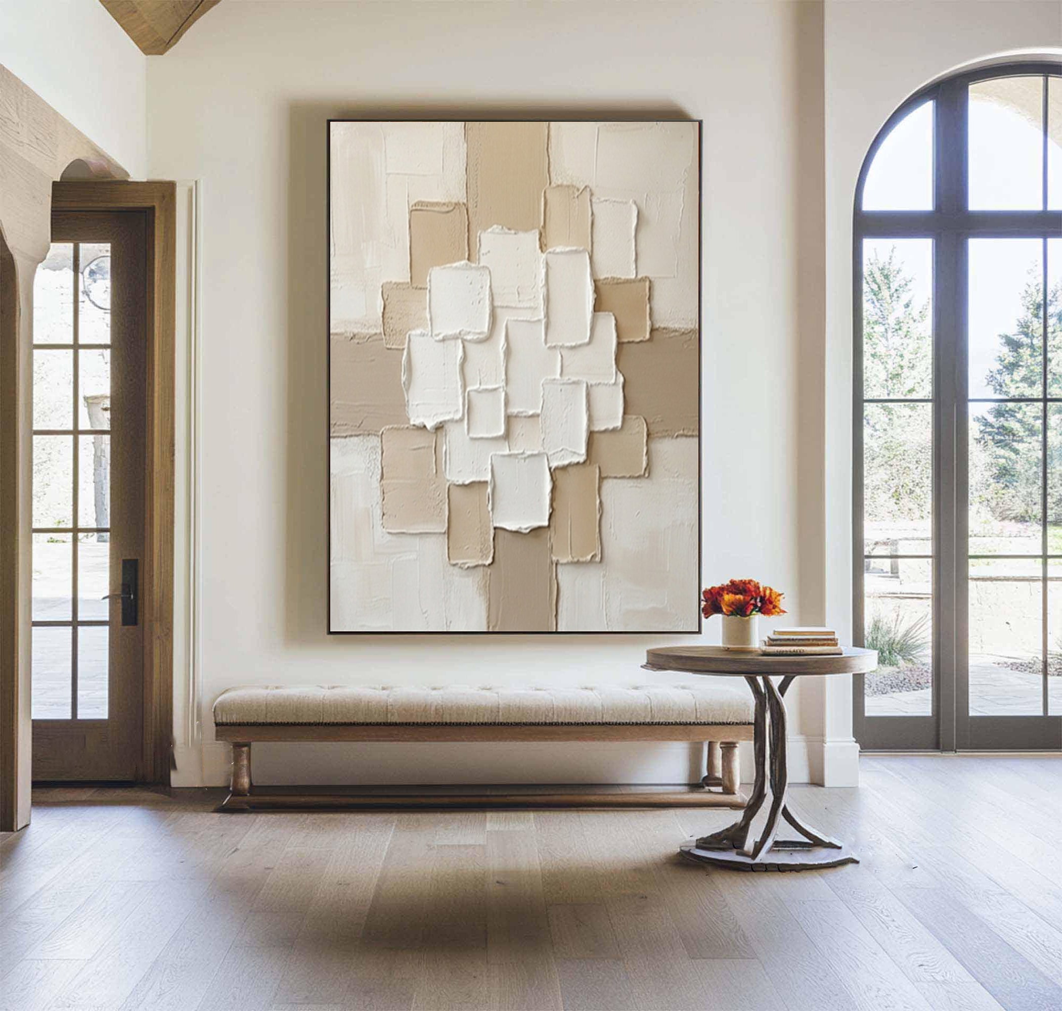 Large Luxury Neutral Textured Canvas Art Beige Geometric Wall Decor