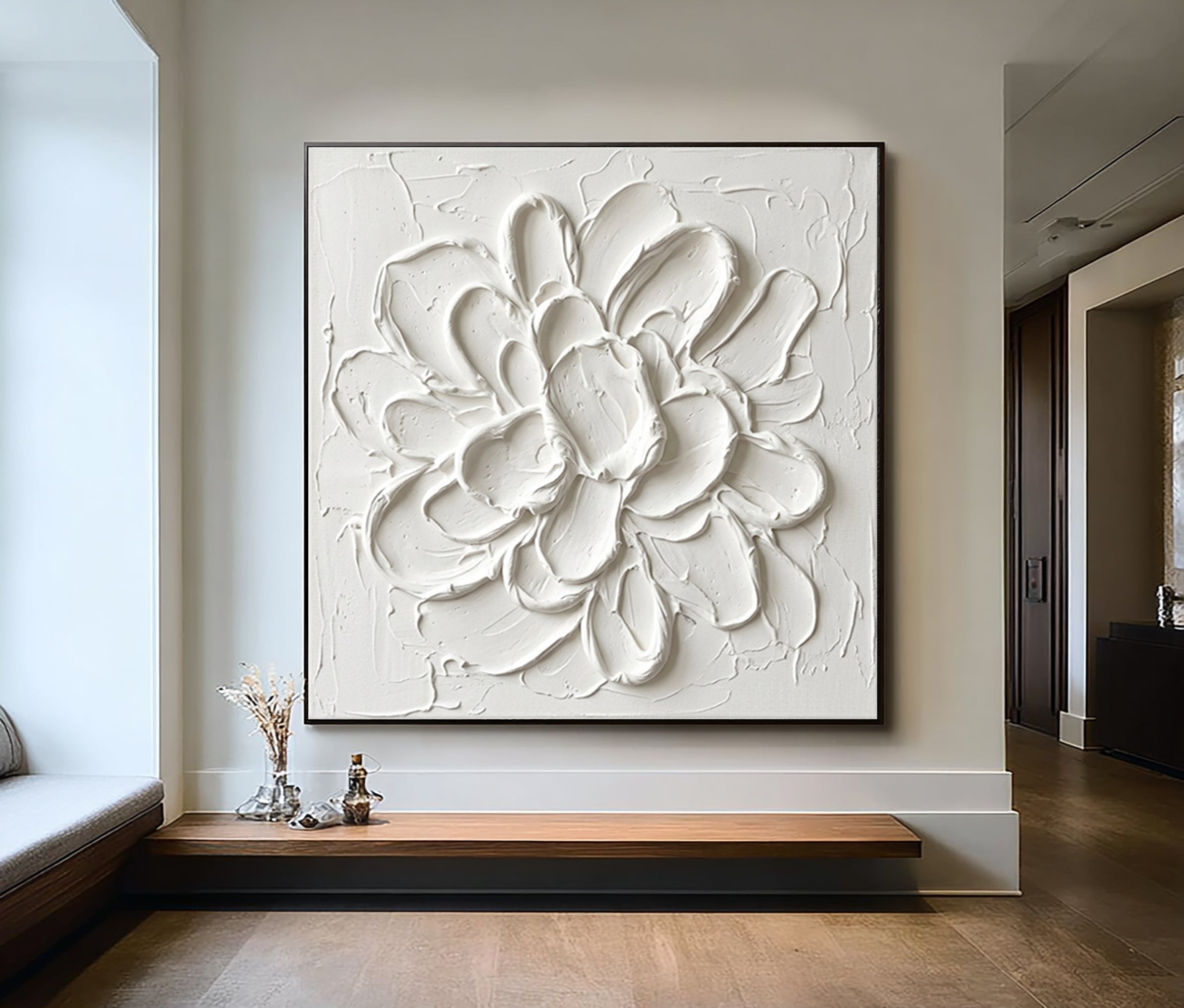 Large White Petal Textured Canvas Art Modern Floral Wall Decor