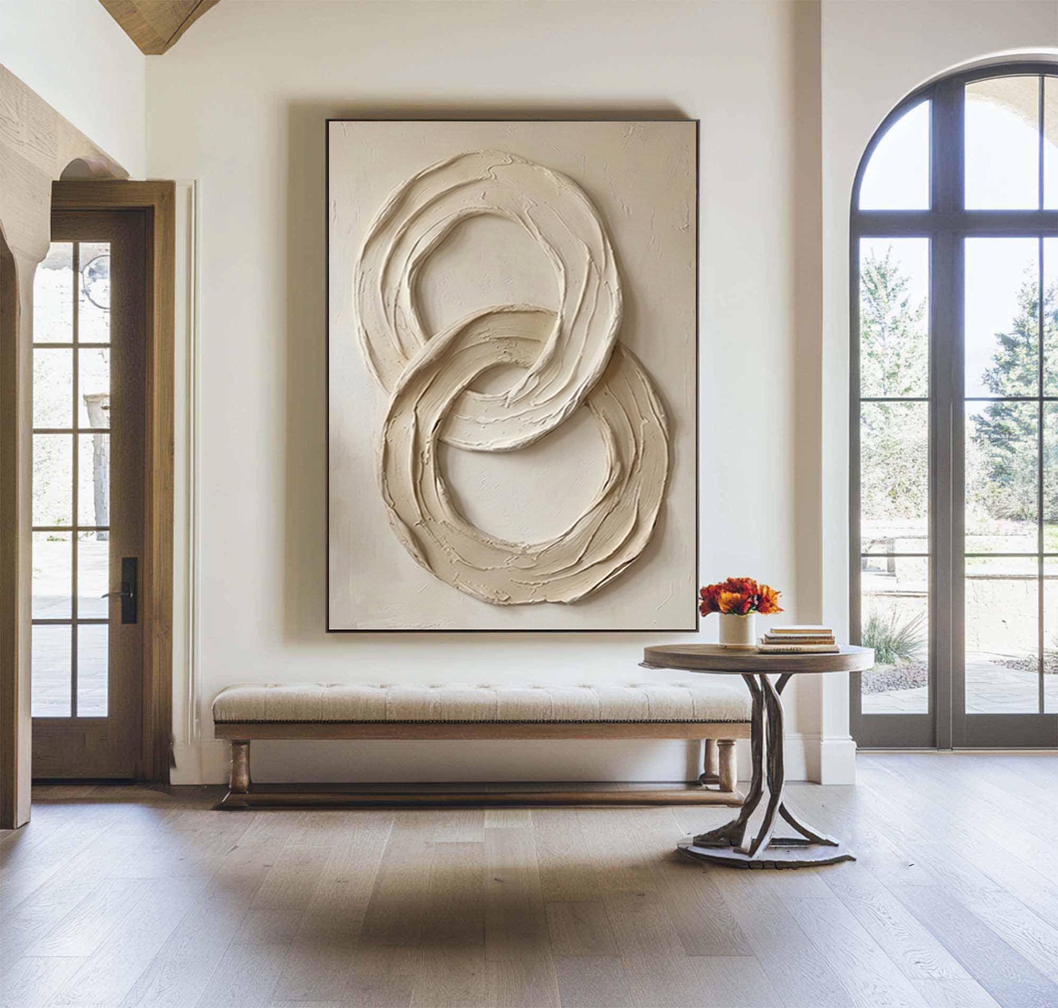 Large Neutral Relief Painting with Organic Circular Brush Texture