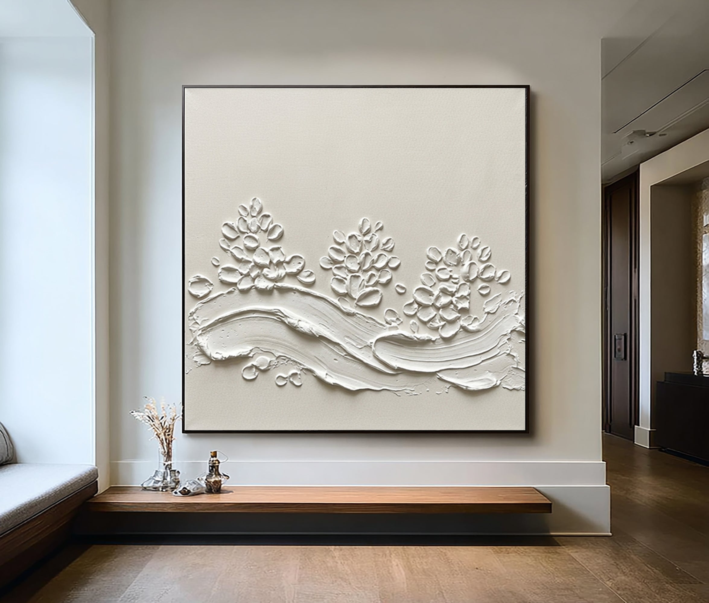 Luxury Floral Relief Wall Art Large Neutral Textured Canvas Painting