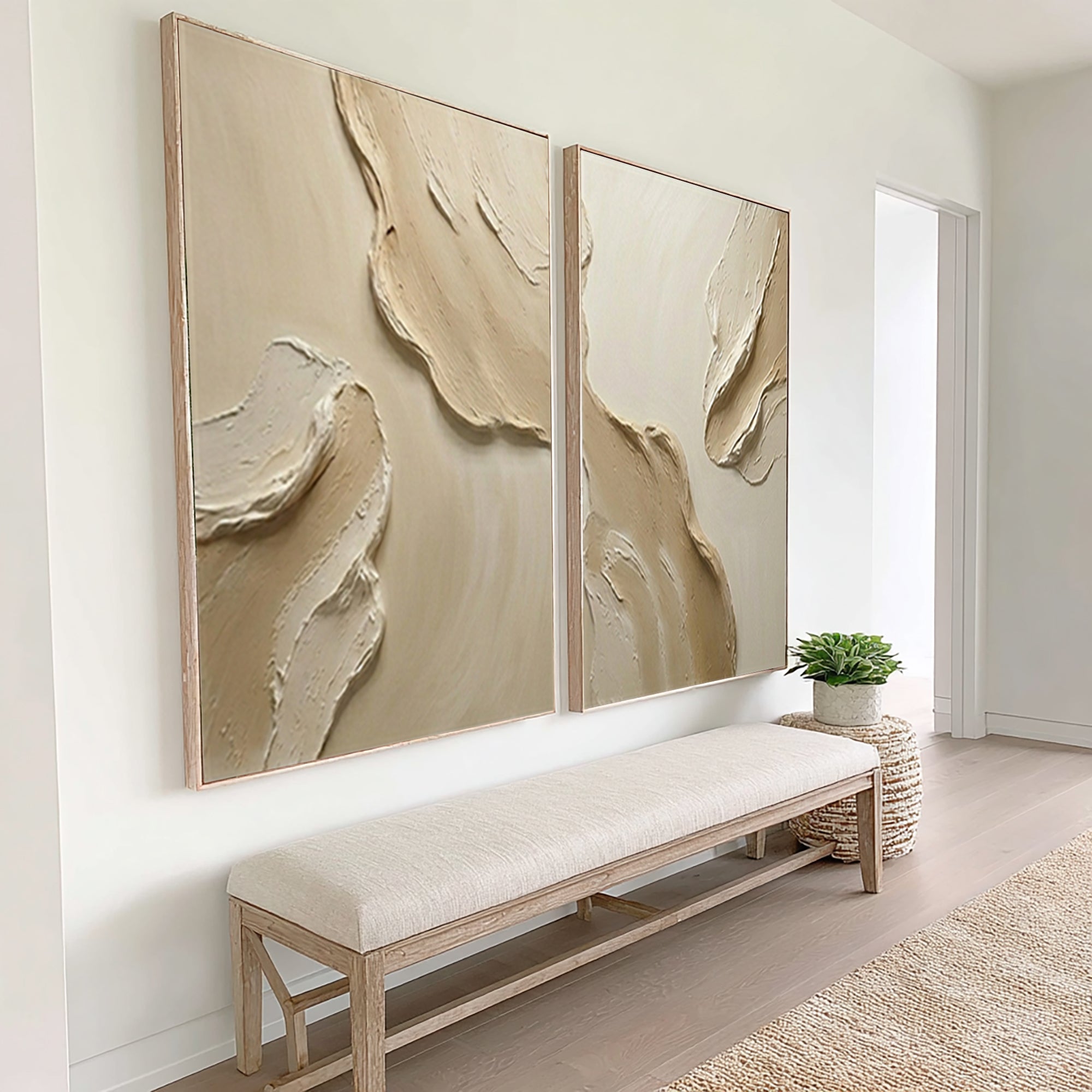 Large Textured Wall Art for Living Room Neutral Diptych Canvas Set