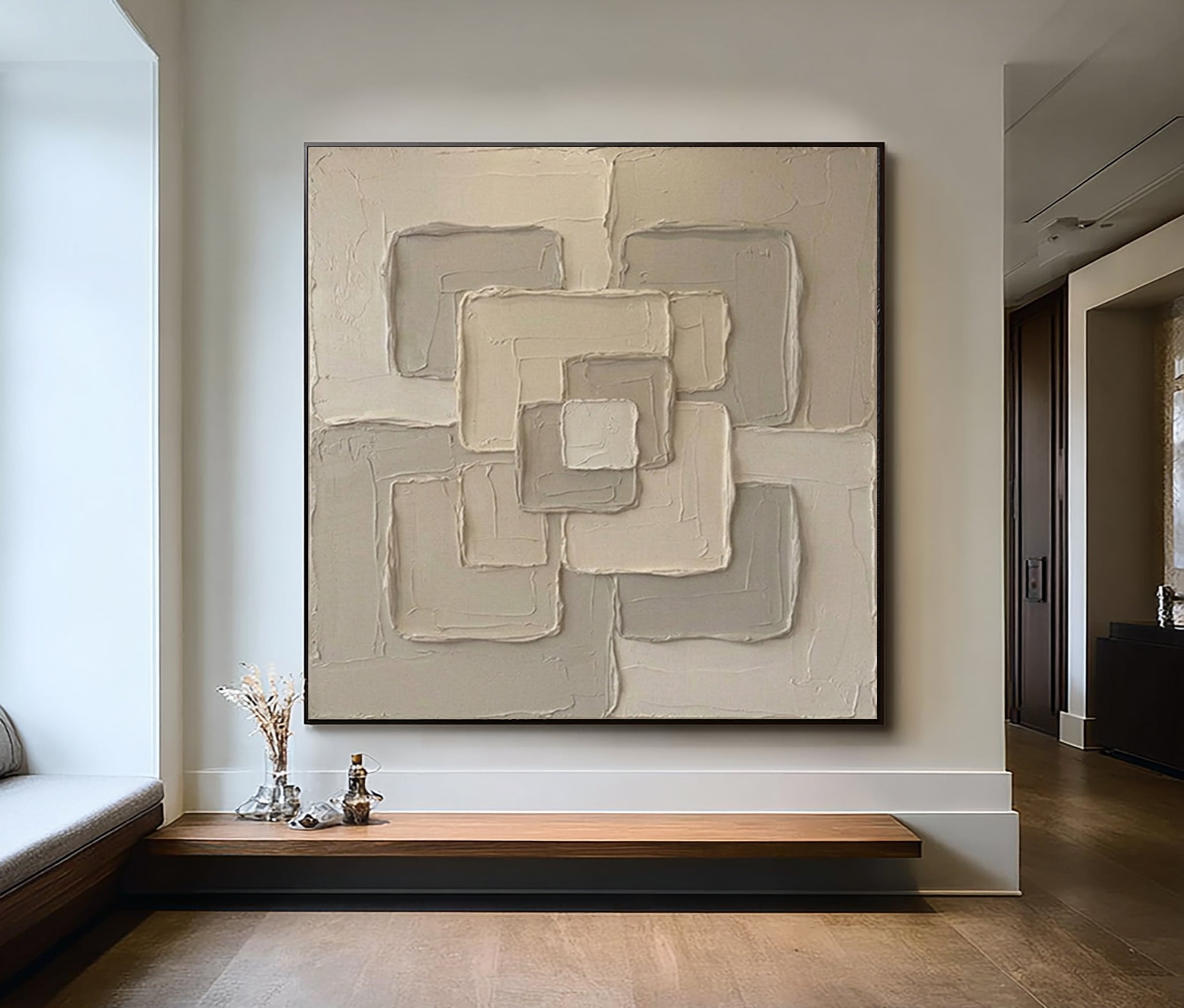 Large Geometric Framework Wall Art Contemporary Neutral Textured Canvas Painting