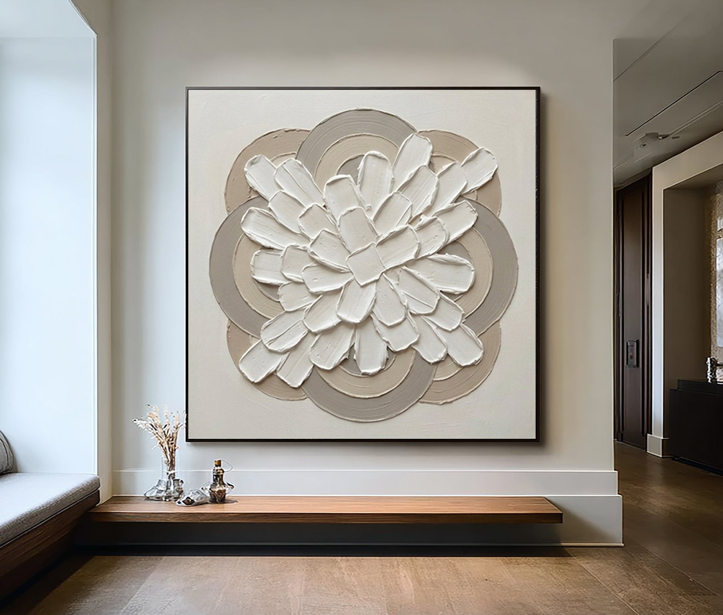 Large Gallery Bloom Circle Wall Art Luxury Neutral Floral Relief Painting