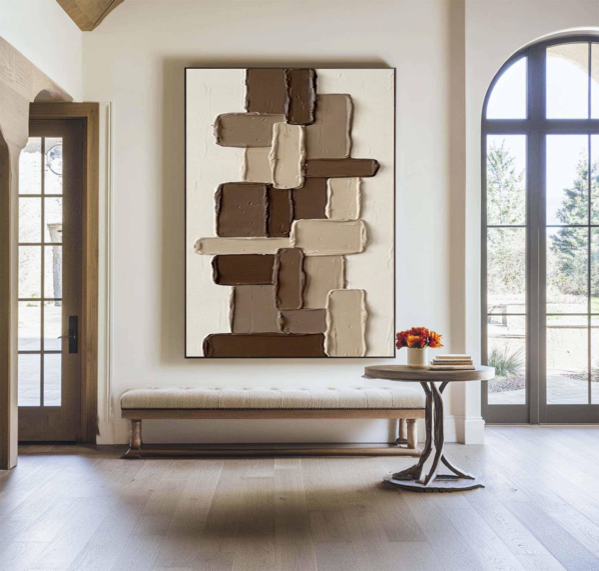 Large Contemporary Block Relief Art Brown Neutral Texture Painting