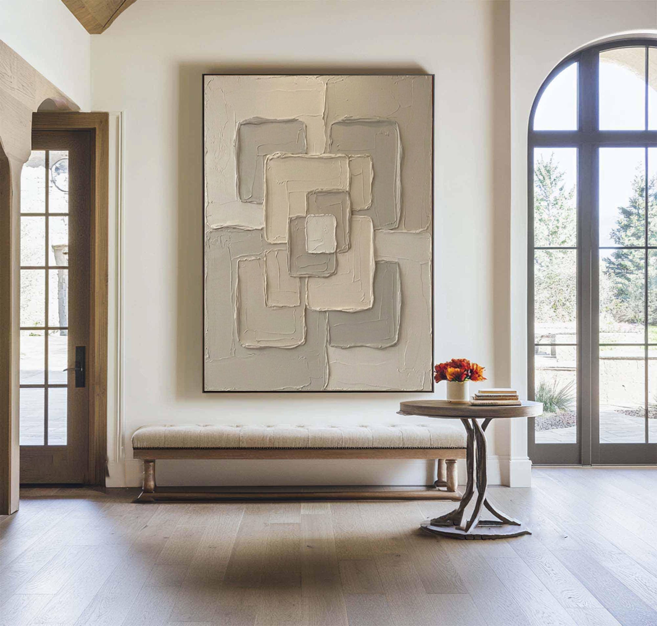 Large Beige Relief Canvas Art Contemporary Geometric Wall Decor