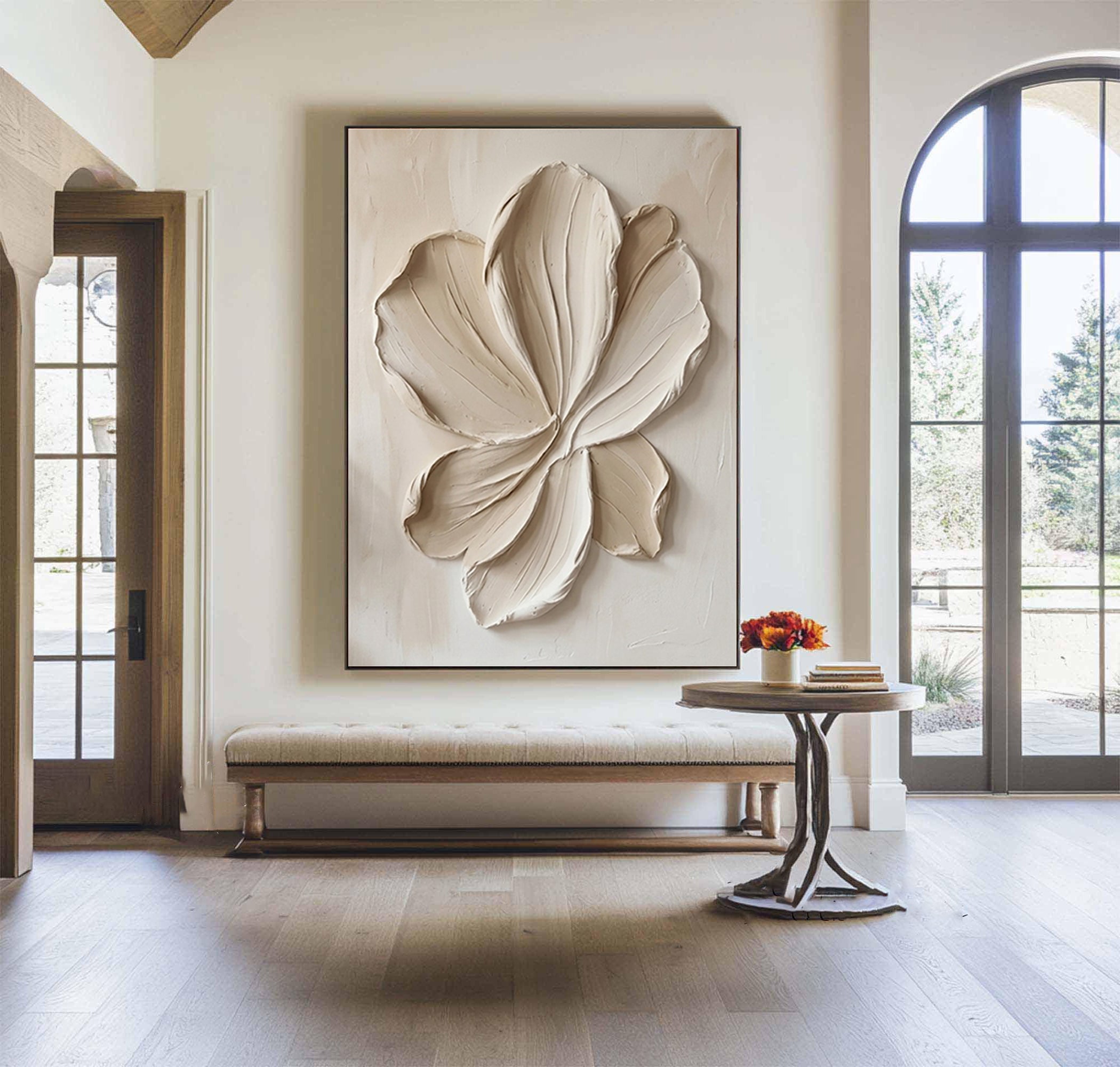 Large Sculptural Botanical Canvas Art White Textured Wall Decor
