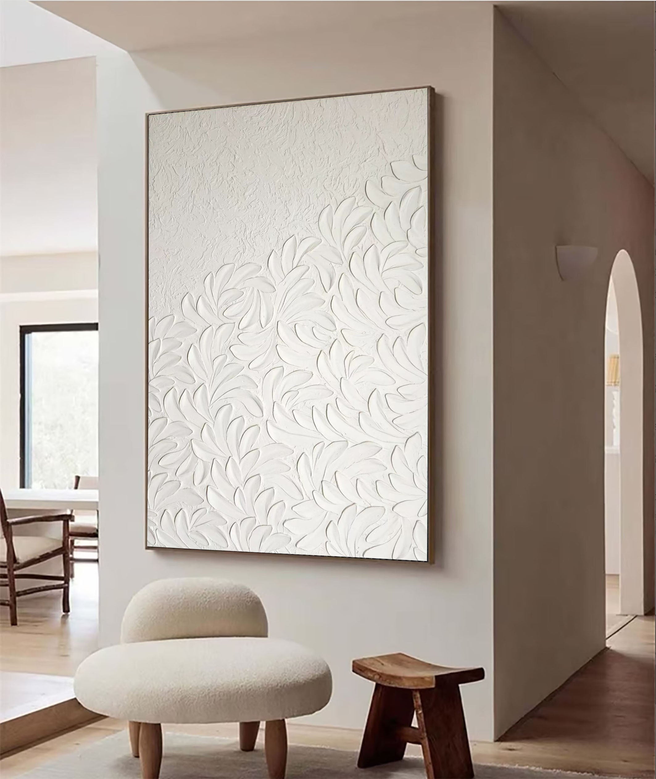 Modern Textured White Floral Canvas For Wall Decor #MM055