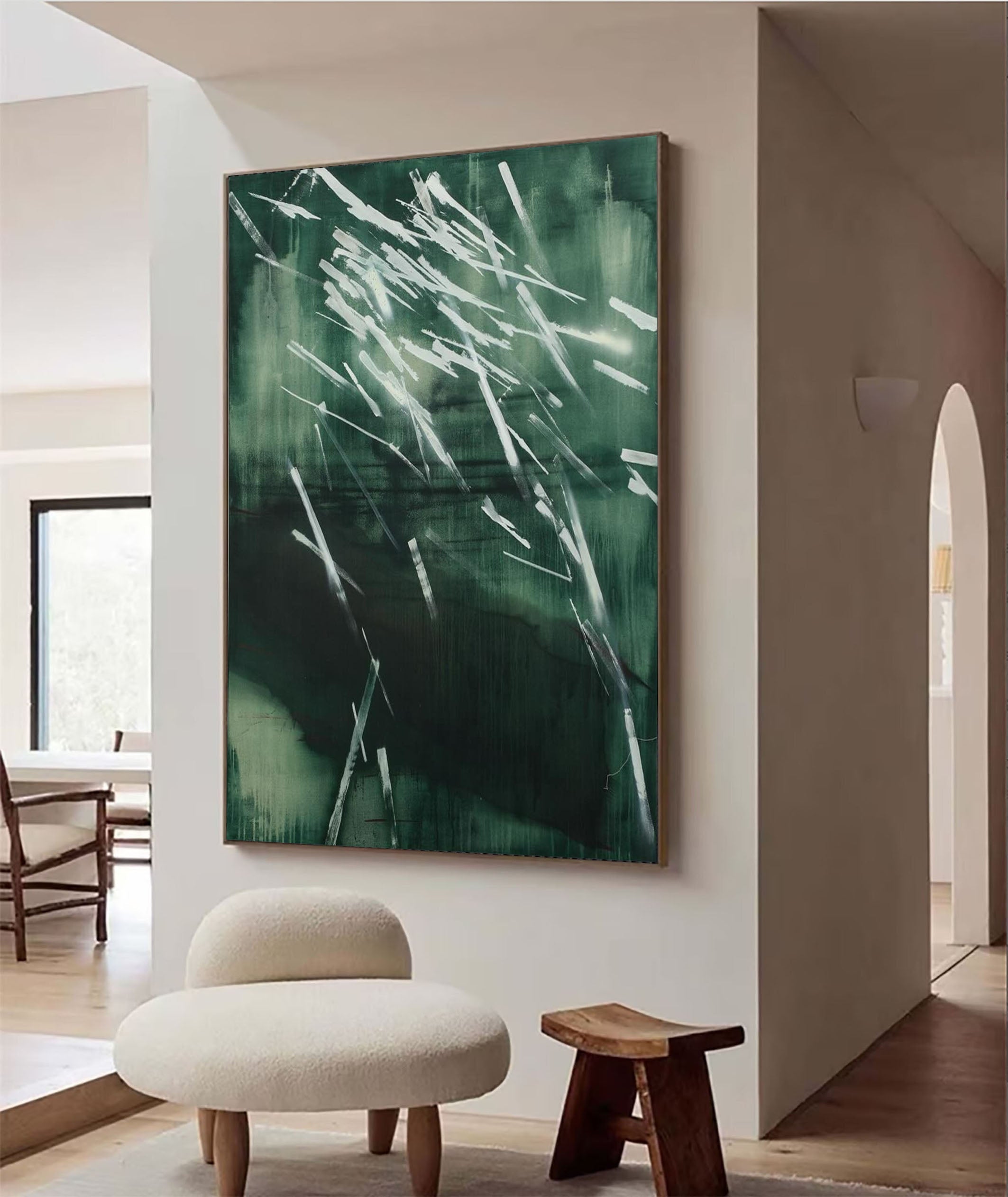 Abstract Nature Wall Art in Deep Green Dynamic Brush Strokes #AB022