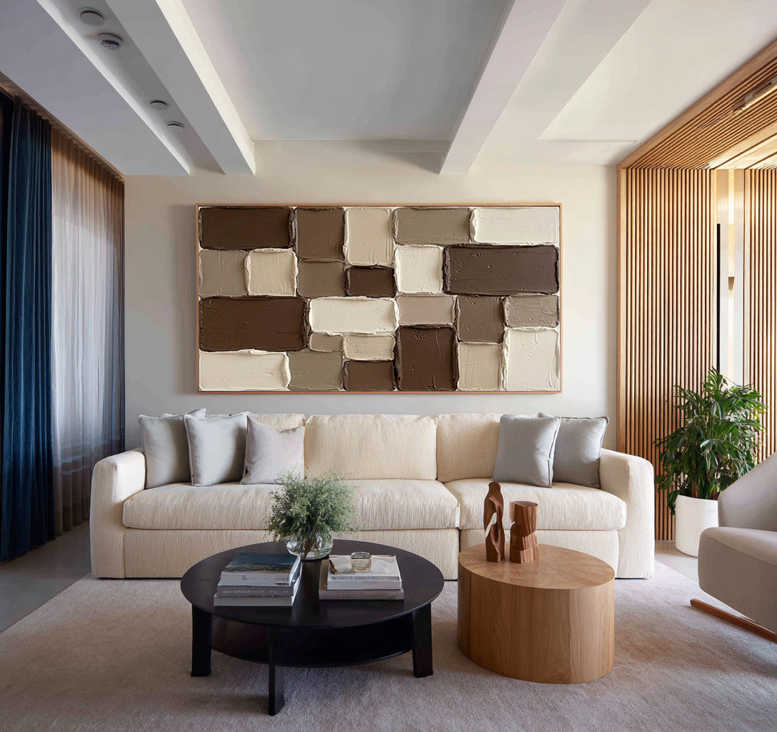 Large Modern Textured Wall Art Brown Beige Geometric Painting