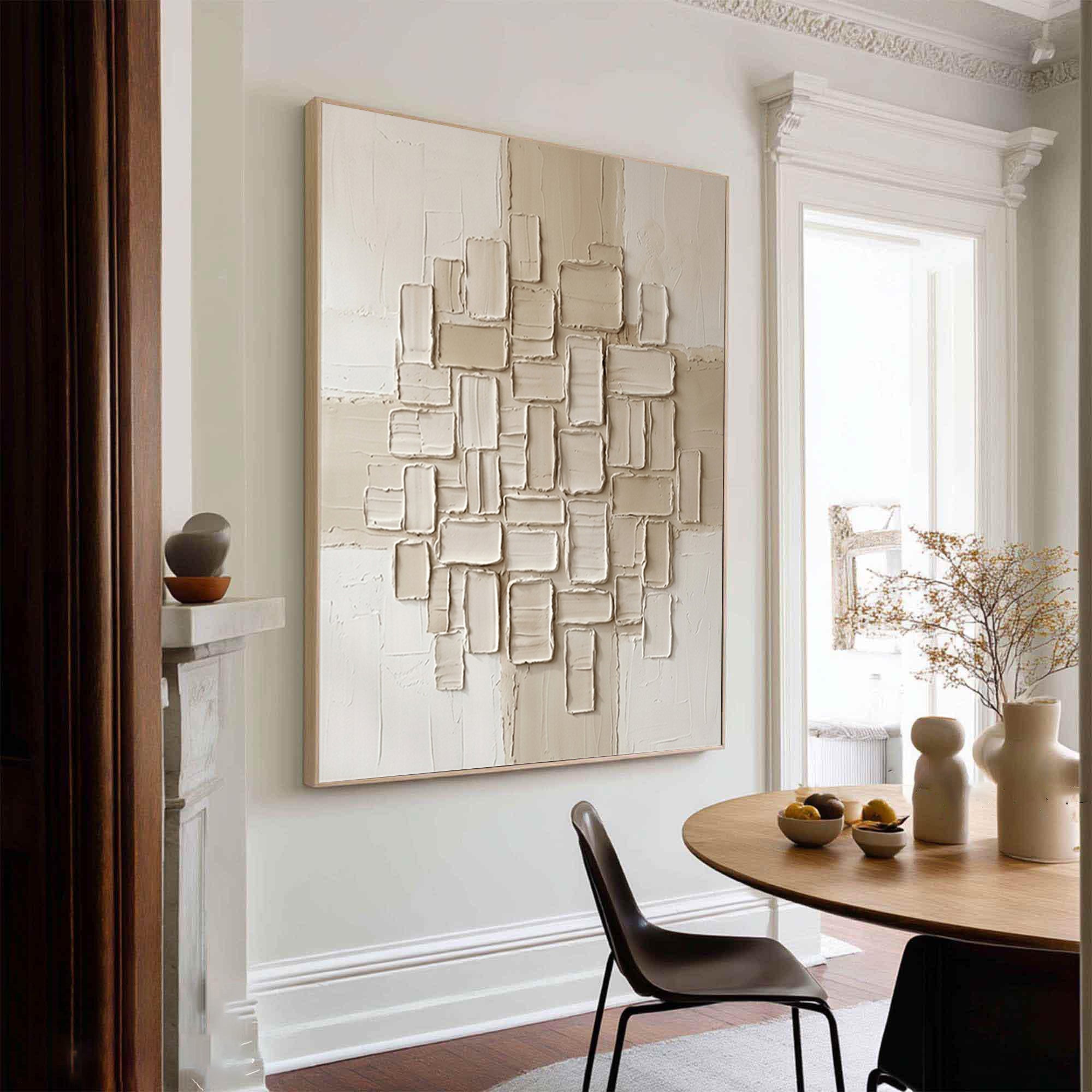 Large Neutral Oil Painting with Abstract Textured Block Composition