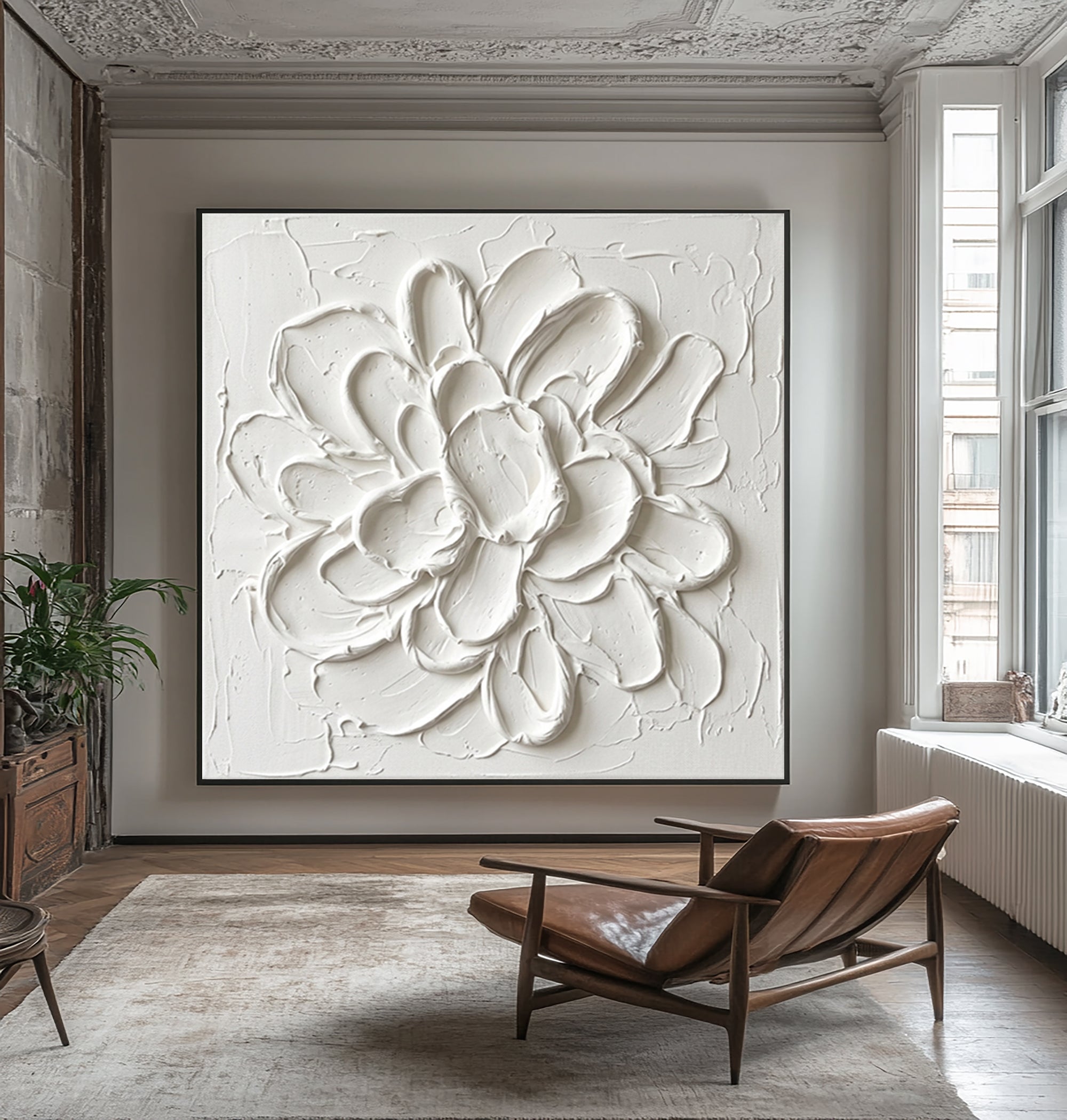 Large White Petal Textured Canvas Art Modern Floral Wall Decor