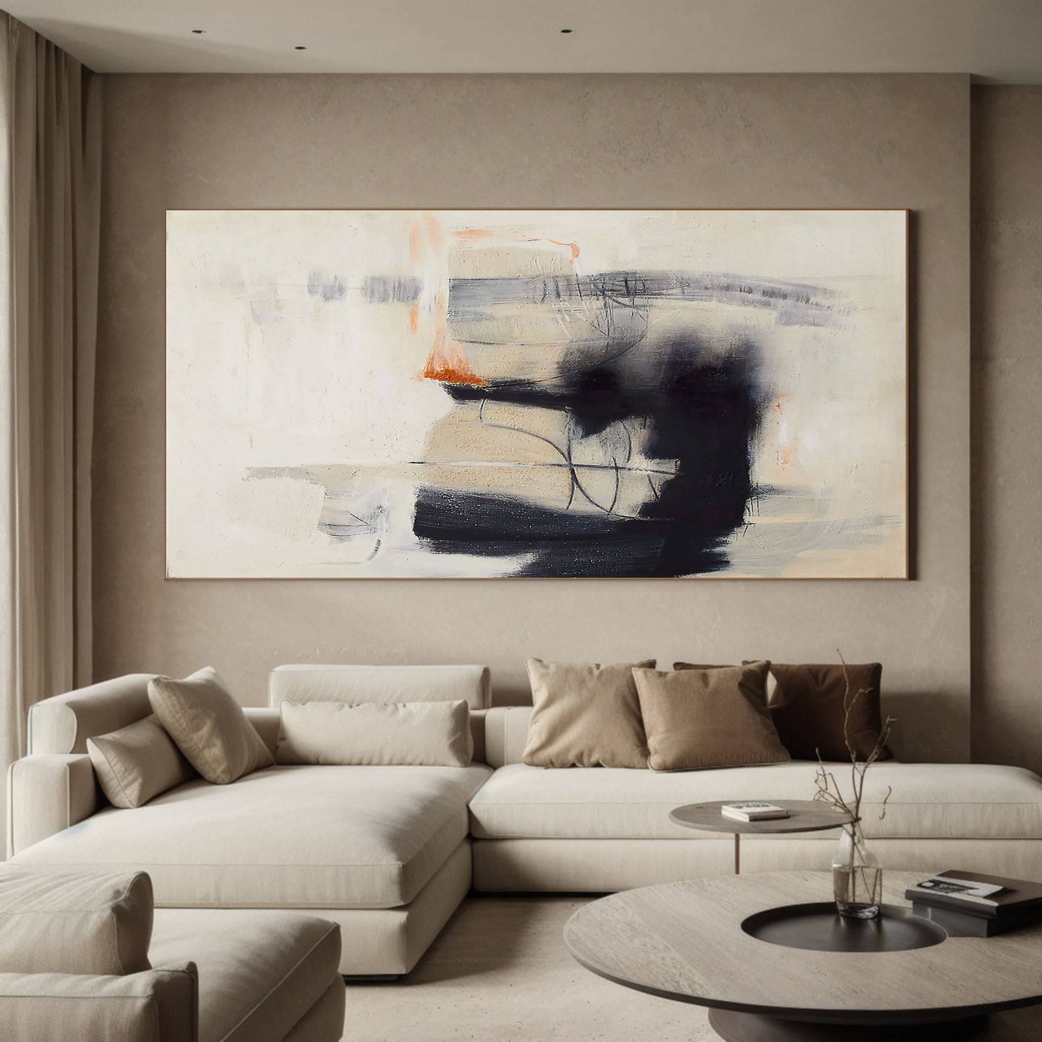 Large Beige And Black Dynamic Abstract, Contemporary Wall Art #MM366