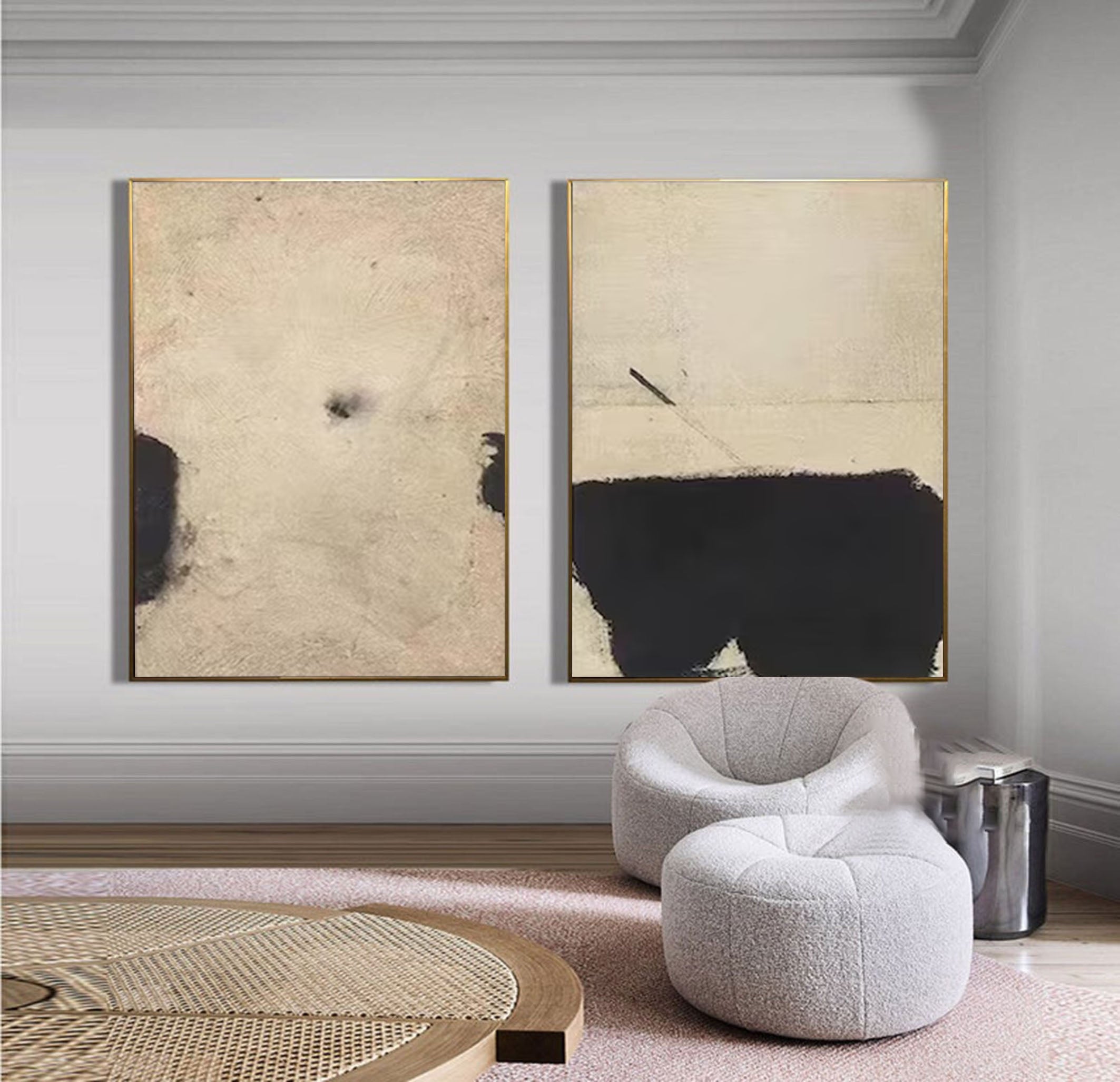 Minimalist Black and Beige Diptych Canvas Wall Art #MMS065