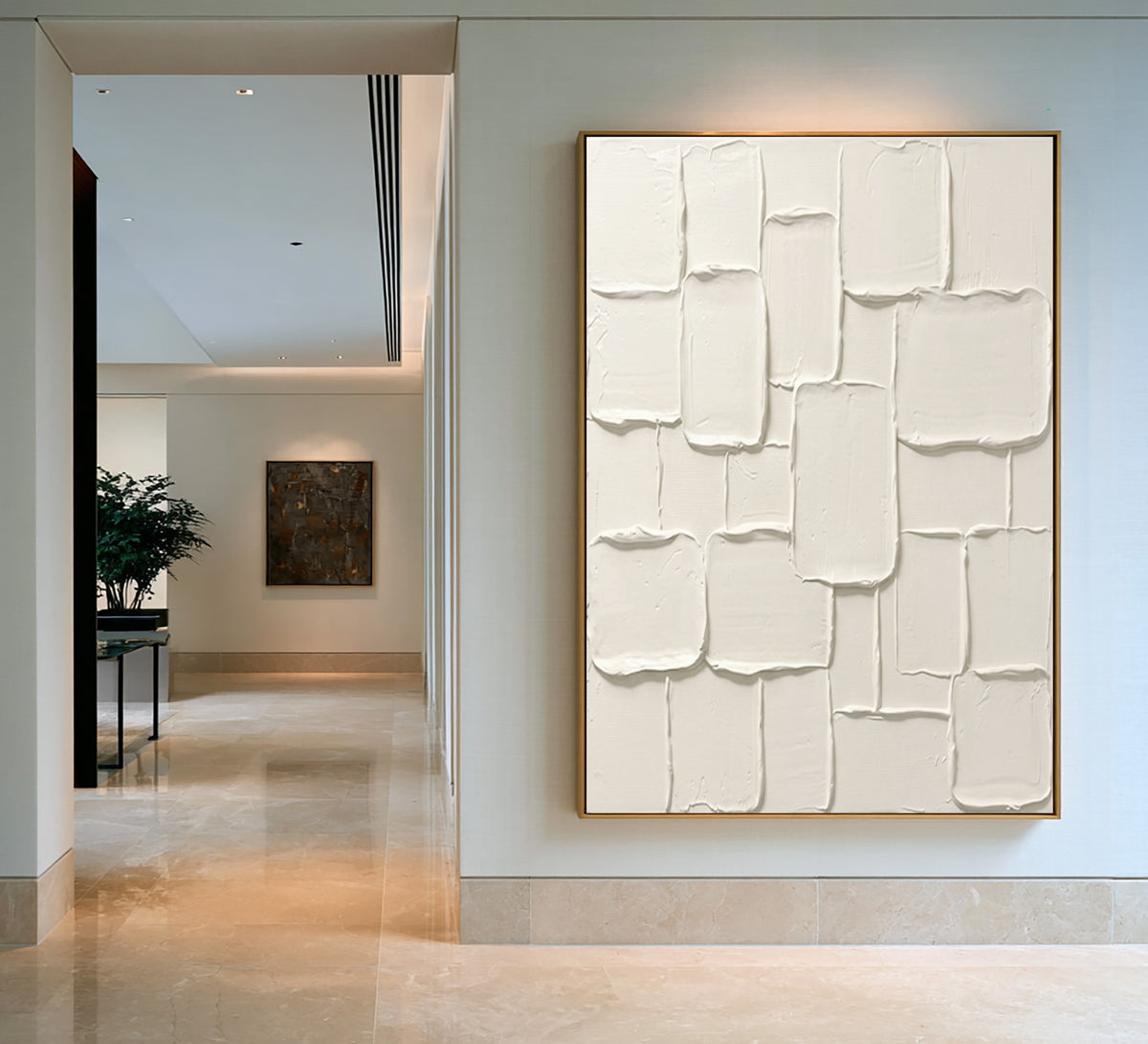 Large Ivory Modern Plaster Collage Wall Art Neutral Abstract Oil Painting Raised Rounded Rectangles Thick Impasto Texture Contemporary Minimalist Luxury Home Decor