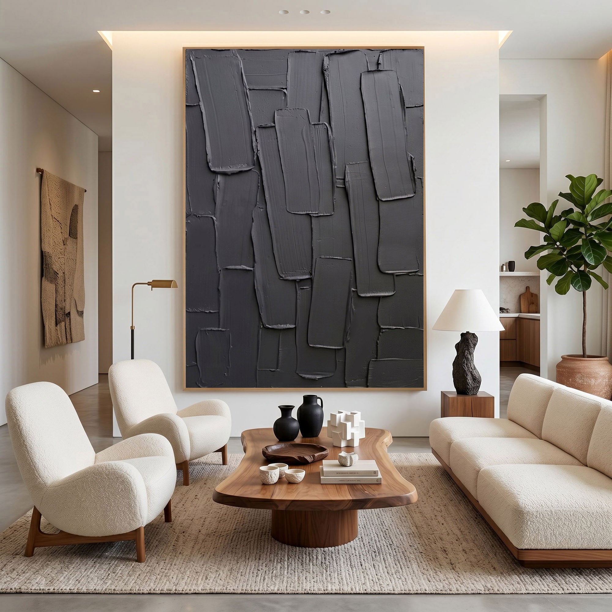 Black Gray Abstract Wall Art Textured Relief Painting Handmade Impasto Modern Minimalist Home Decor