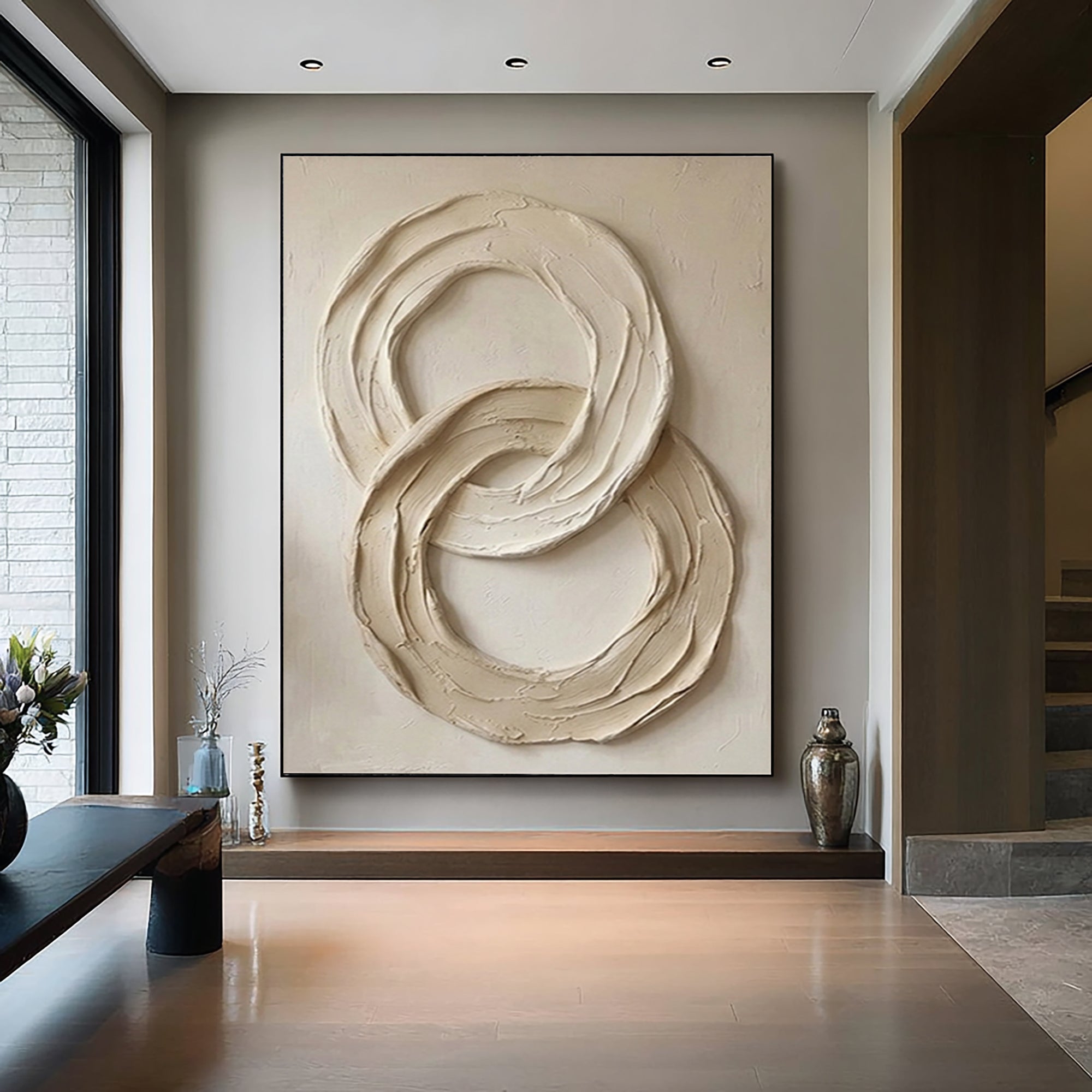 Large Neutral Relief Painting with Organic Circular Brush Texture