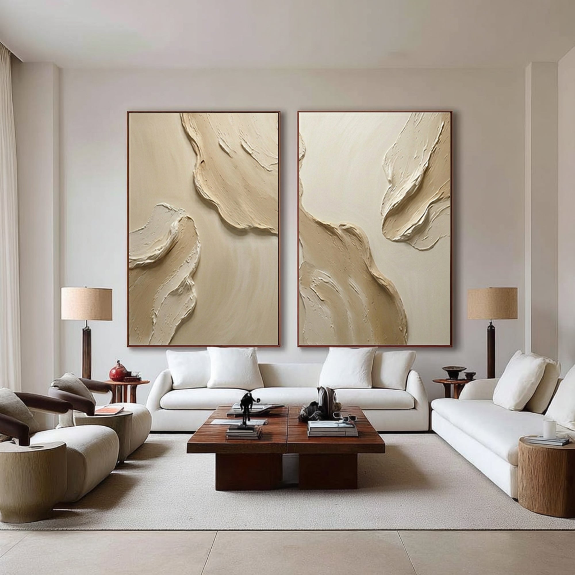 Large Textured Wall Art for Living Room Neutral Diptych Canvas Set