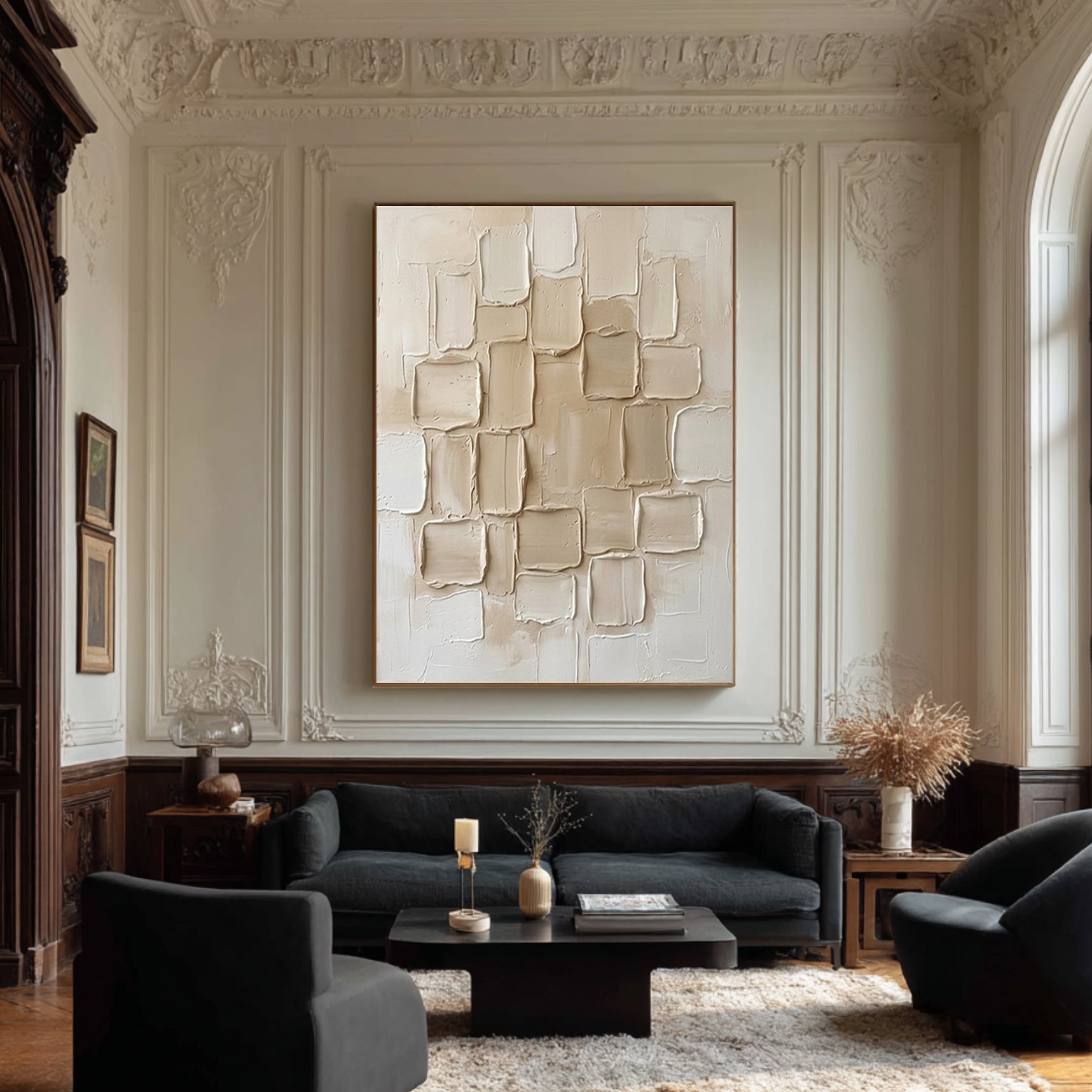 Large Ivory Collage Textured Canvas Art Luxury Neutral Wall Decor